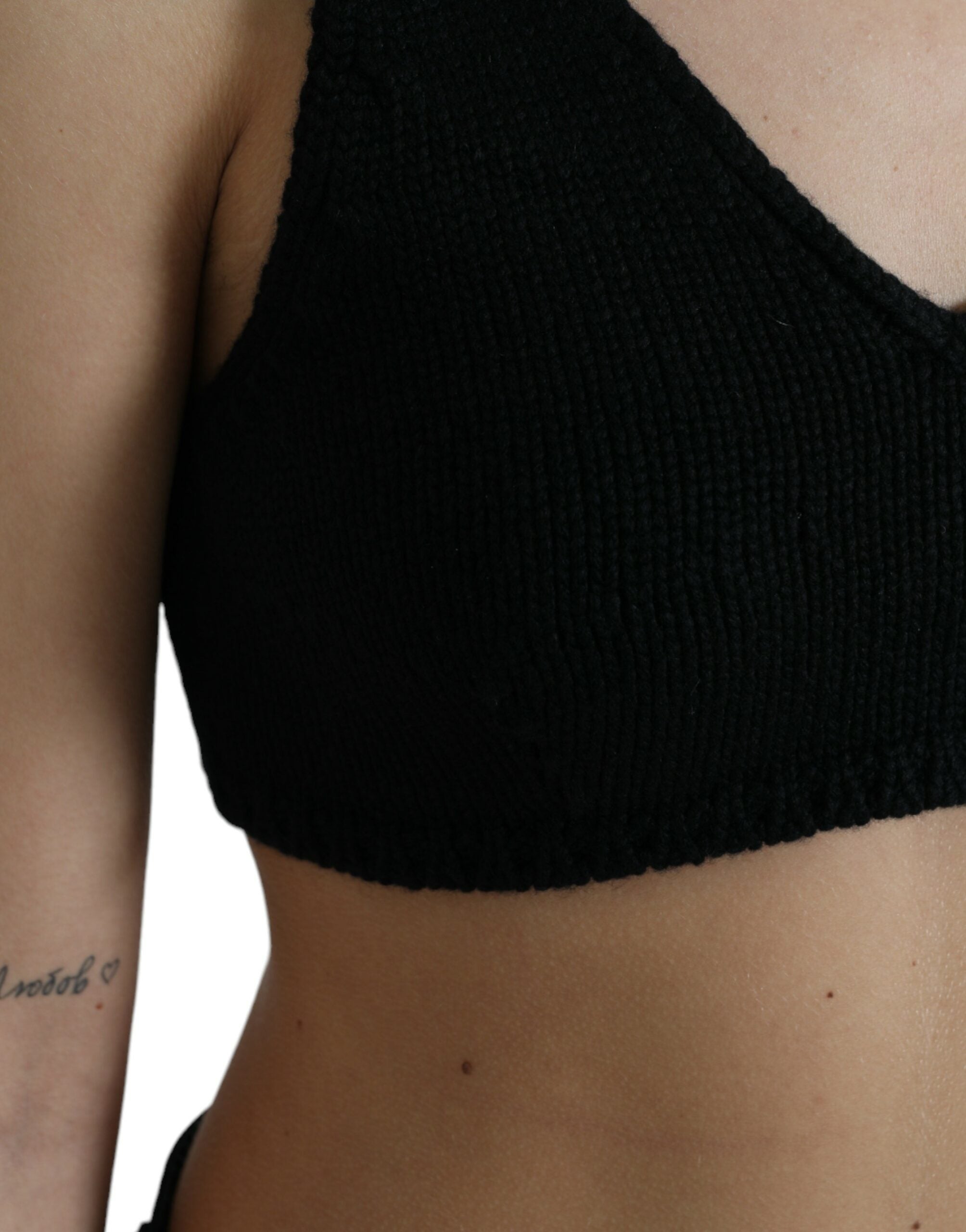 Black Cropped Cashmere V-neck Bustier Top - ventzia