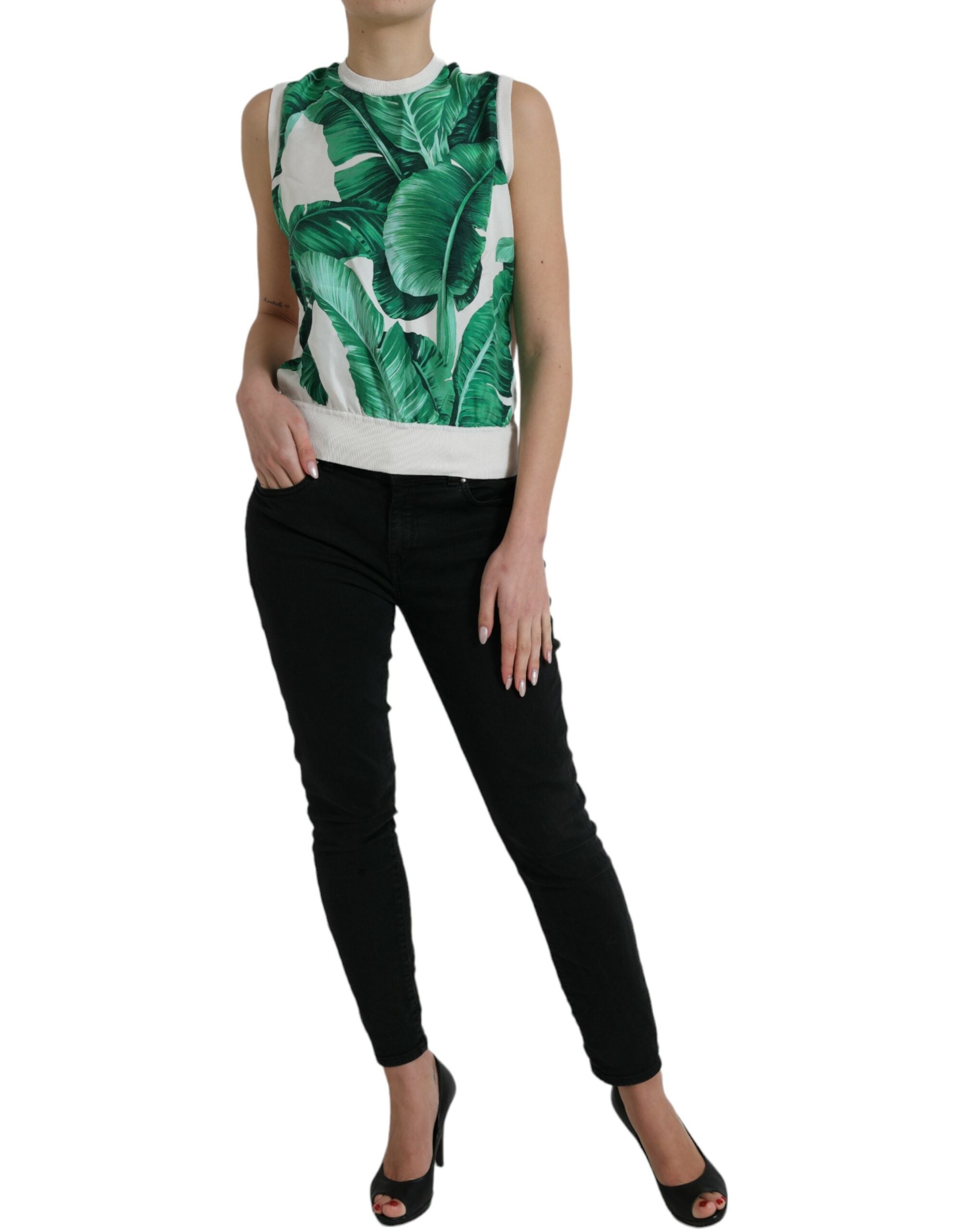 White Banana Leaf Print Crew Neck Tank Top - ventzia