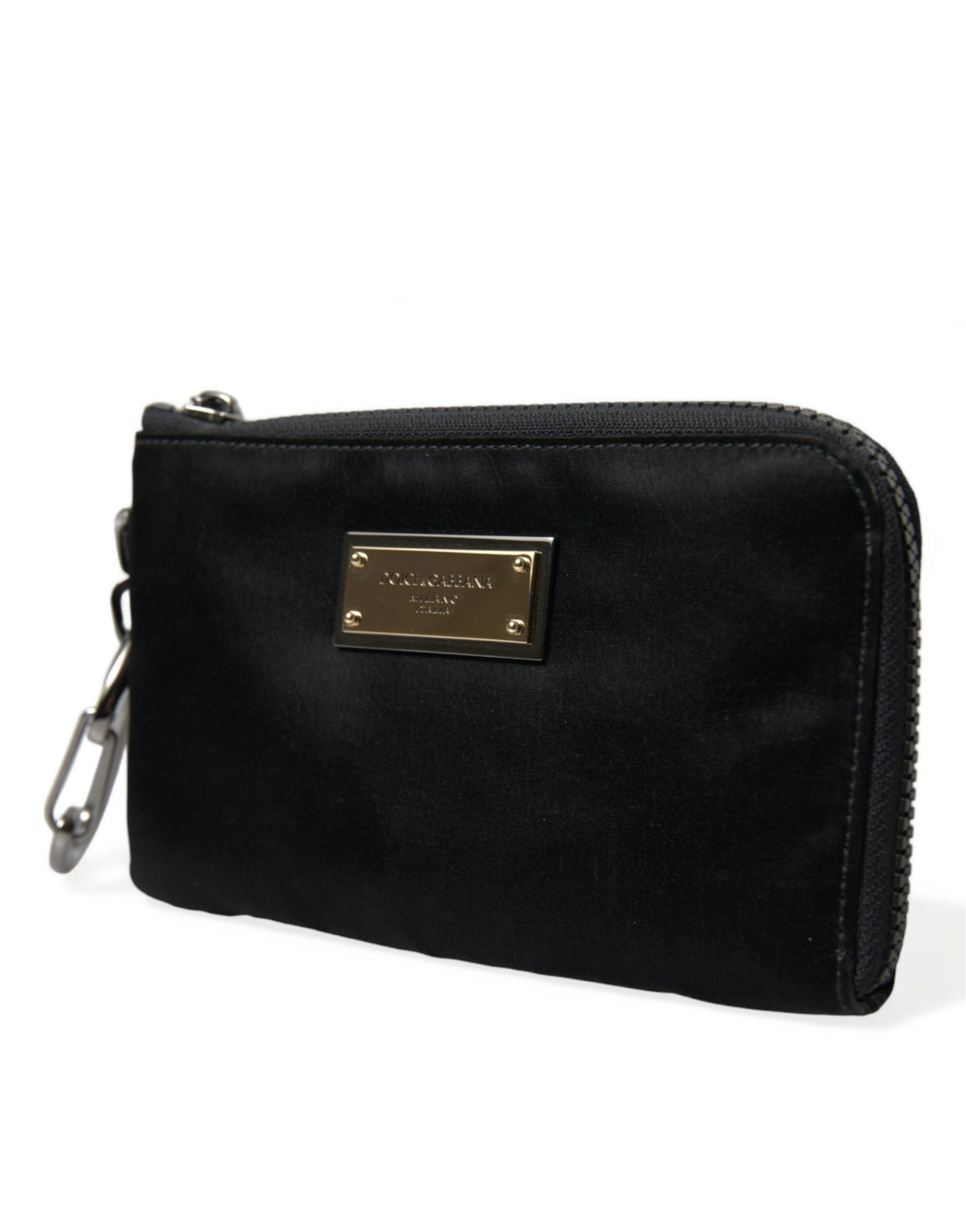 Black Nylon Logo Plaque Keyring Pouch Clutch Bag - ventzia