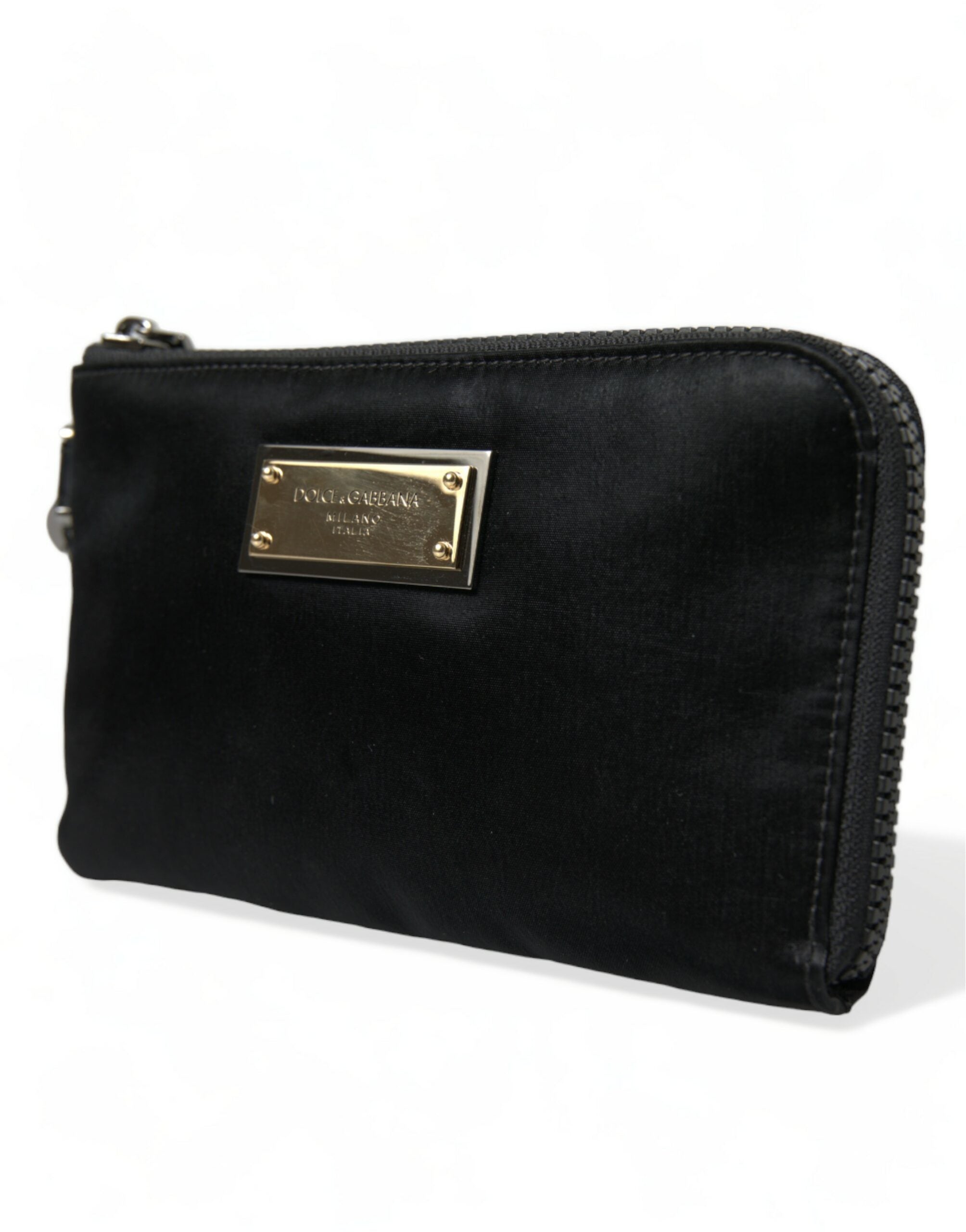 Black Nylon Logo Plaque Keyring Pouch Clutch Bag - ventzia