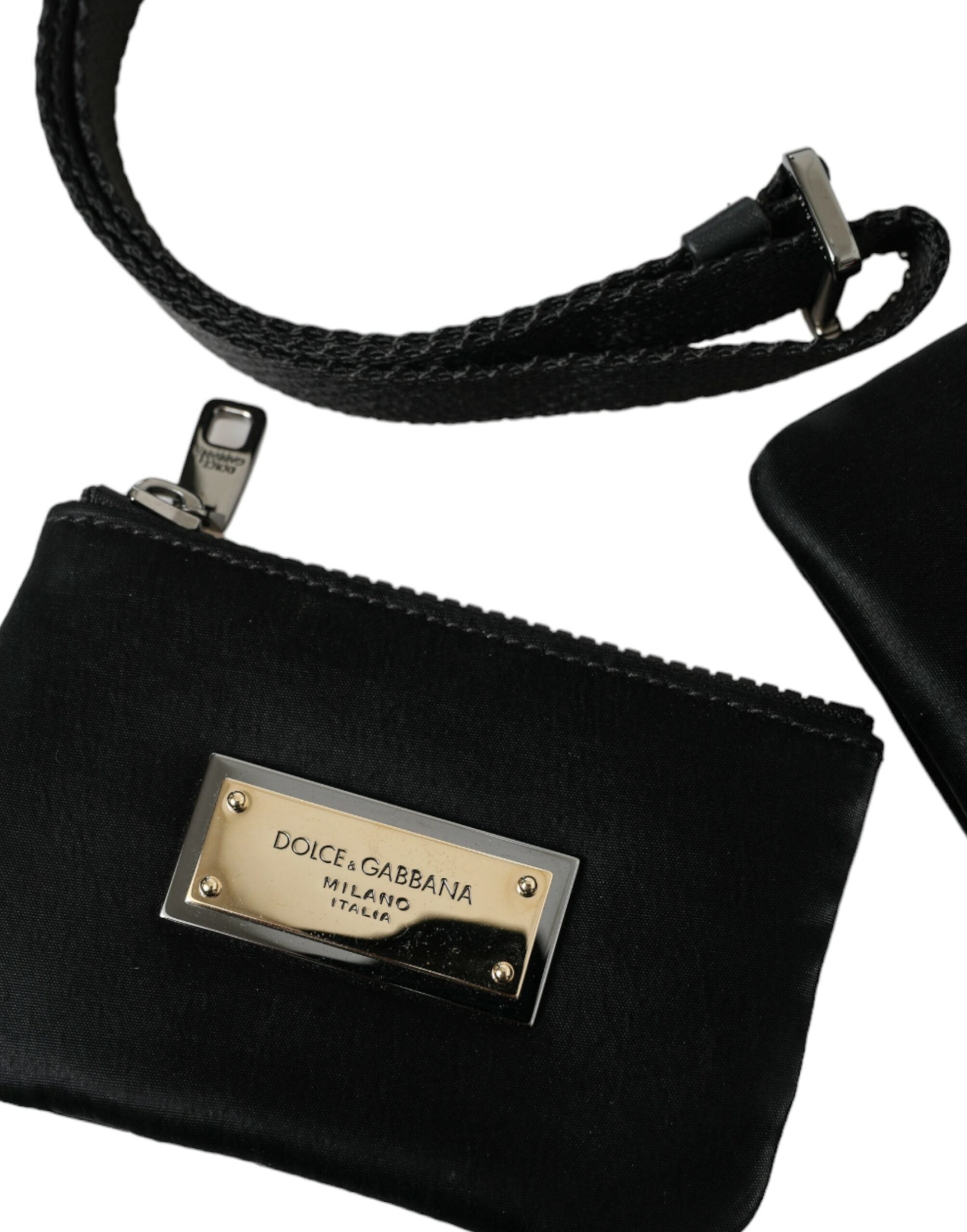 Black Nylon Logo Plaque Keyring Pouch Clutch Bag - ventzia