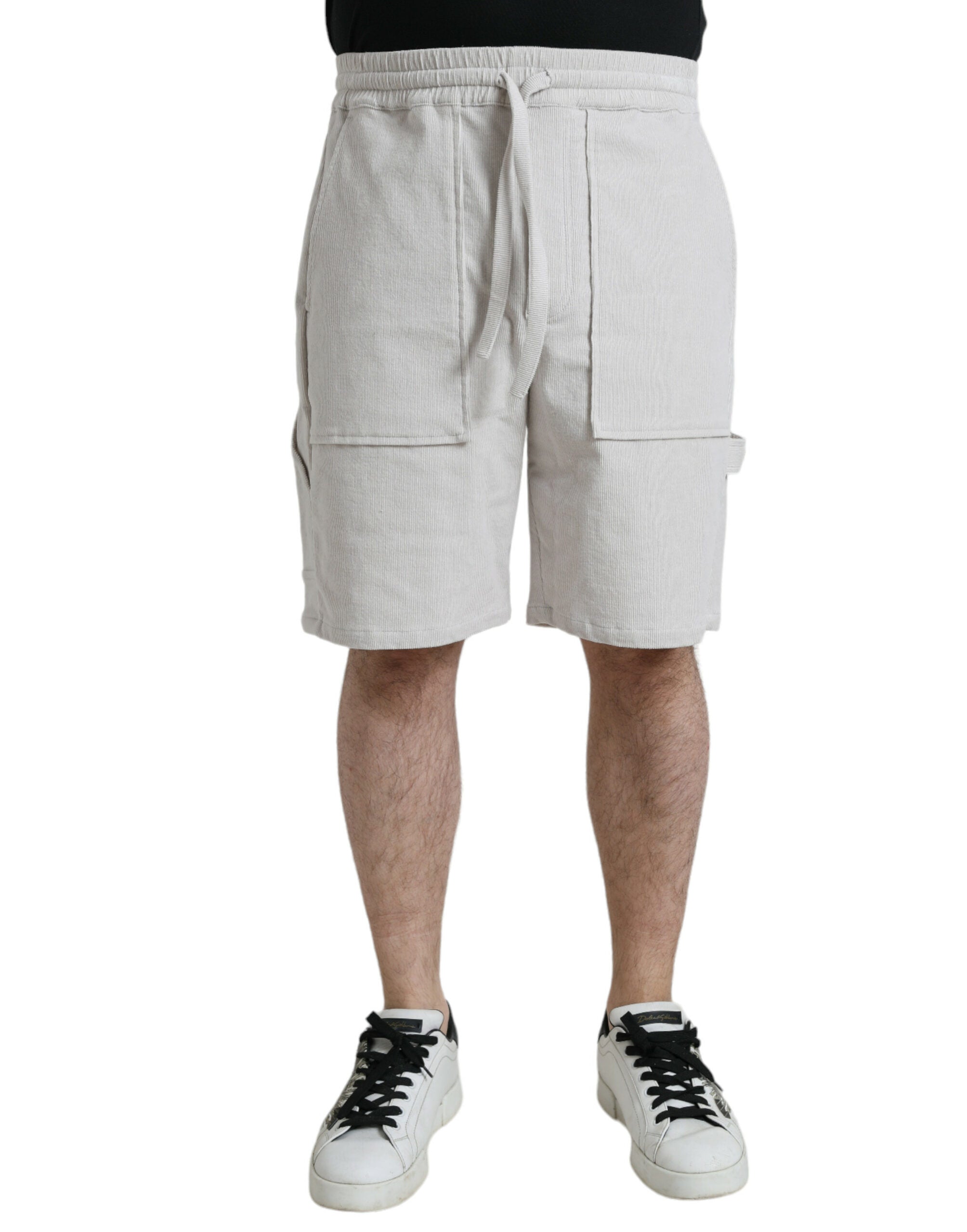 Beige Cotton Corduroy Logo Bermuda Shorts - ventzia