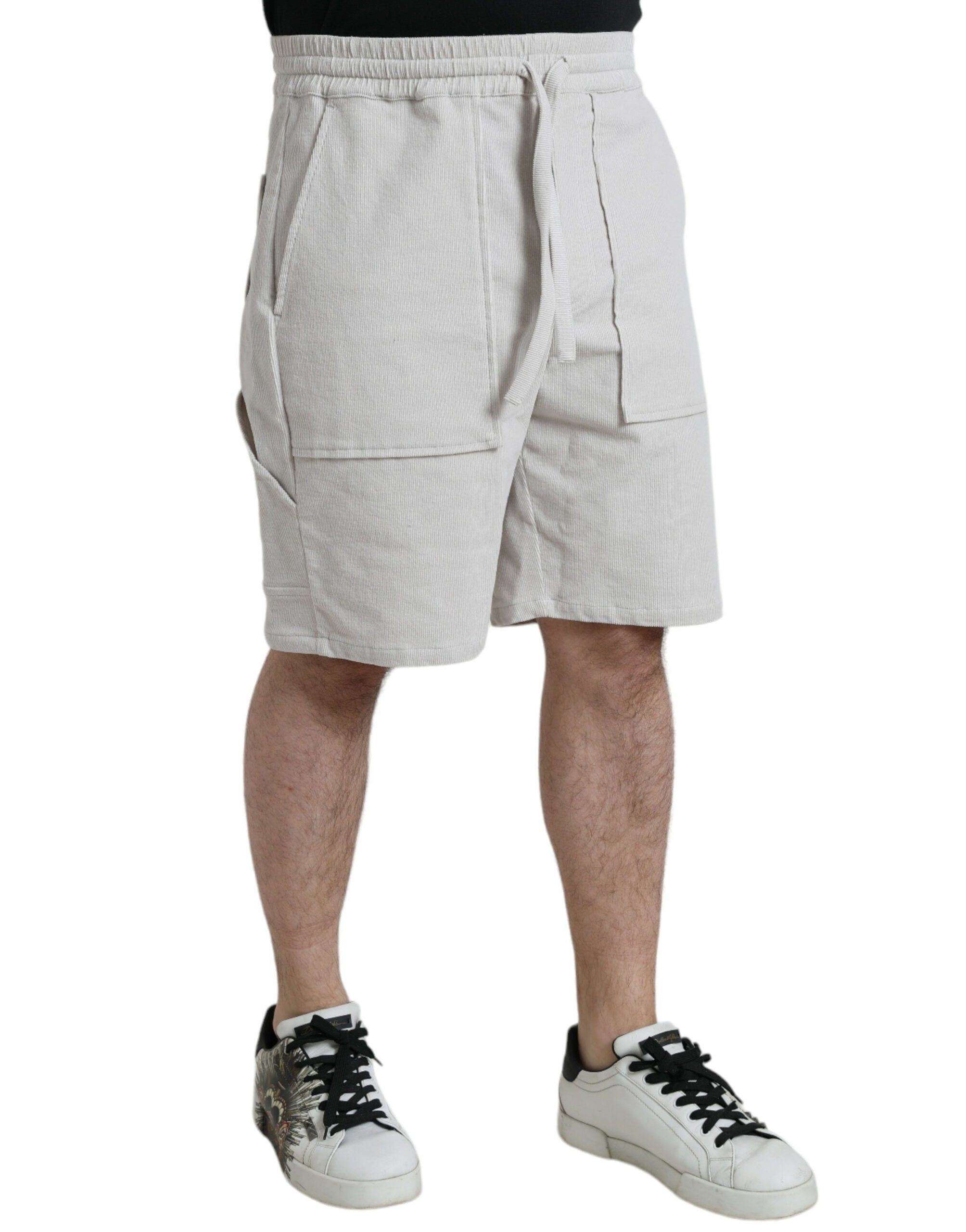 Beige Cotton Corduroy Logo Bermuda Shorts - ventzia