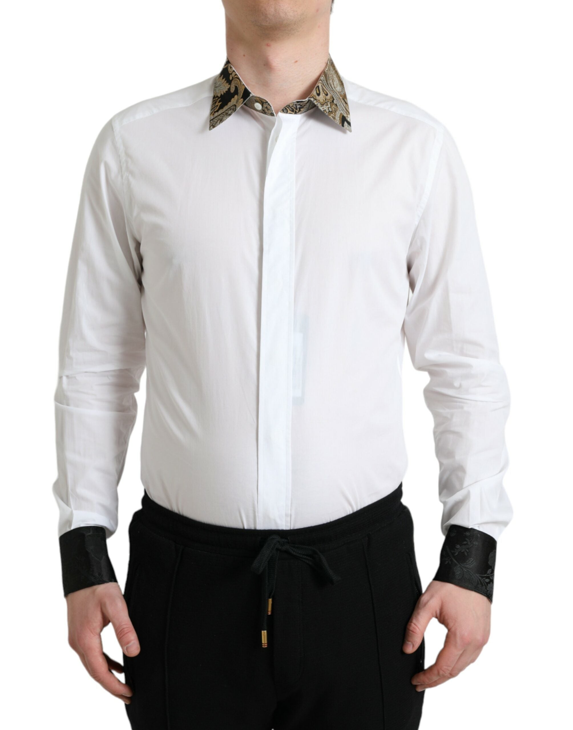 White Cotton Jacquard Formal GOLD Dress Shirt - ventzia