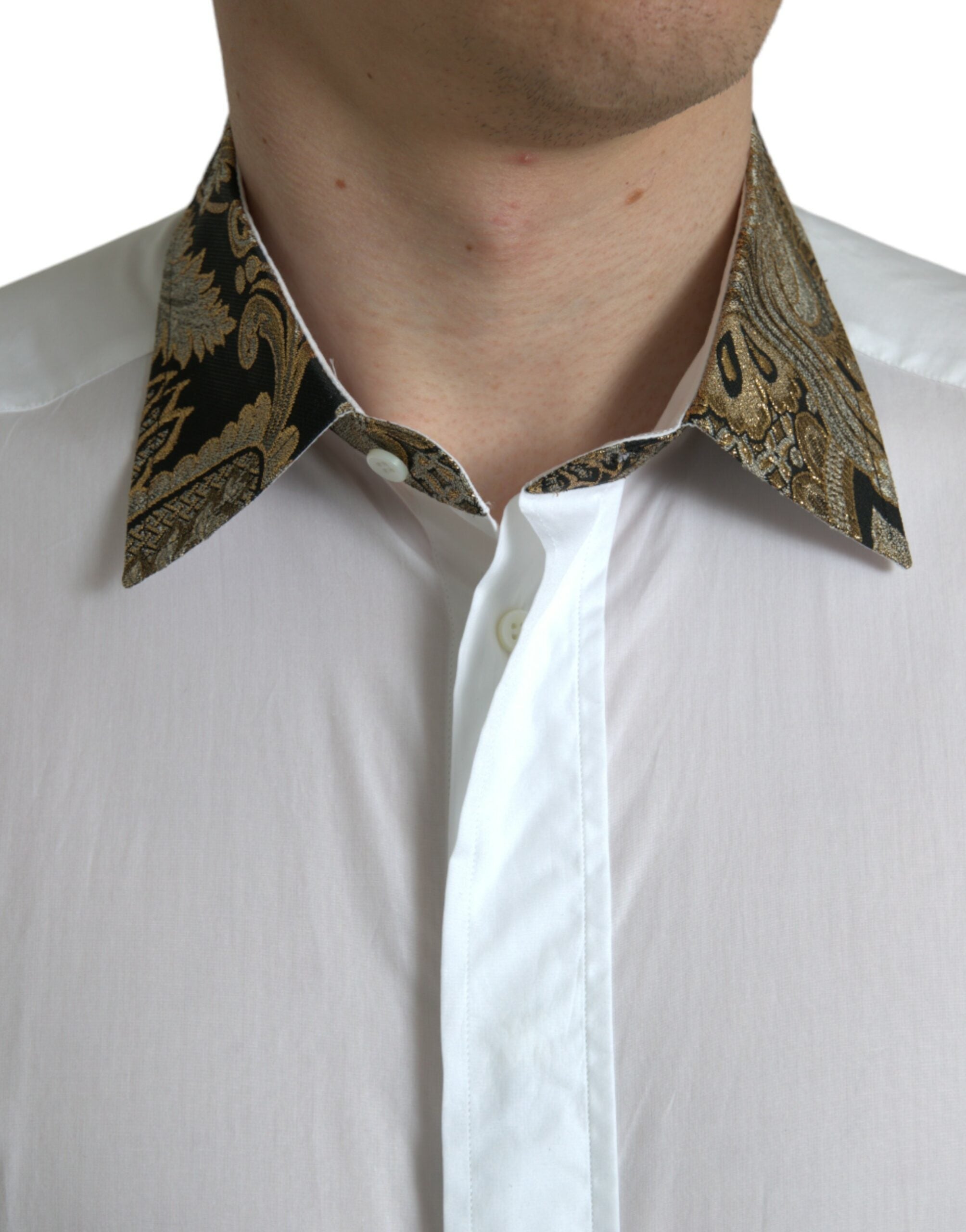 White Cotton Jacquard Formal GOLD Dress Shirt - ventzia