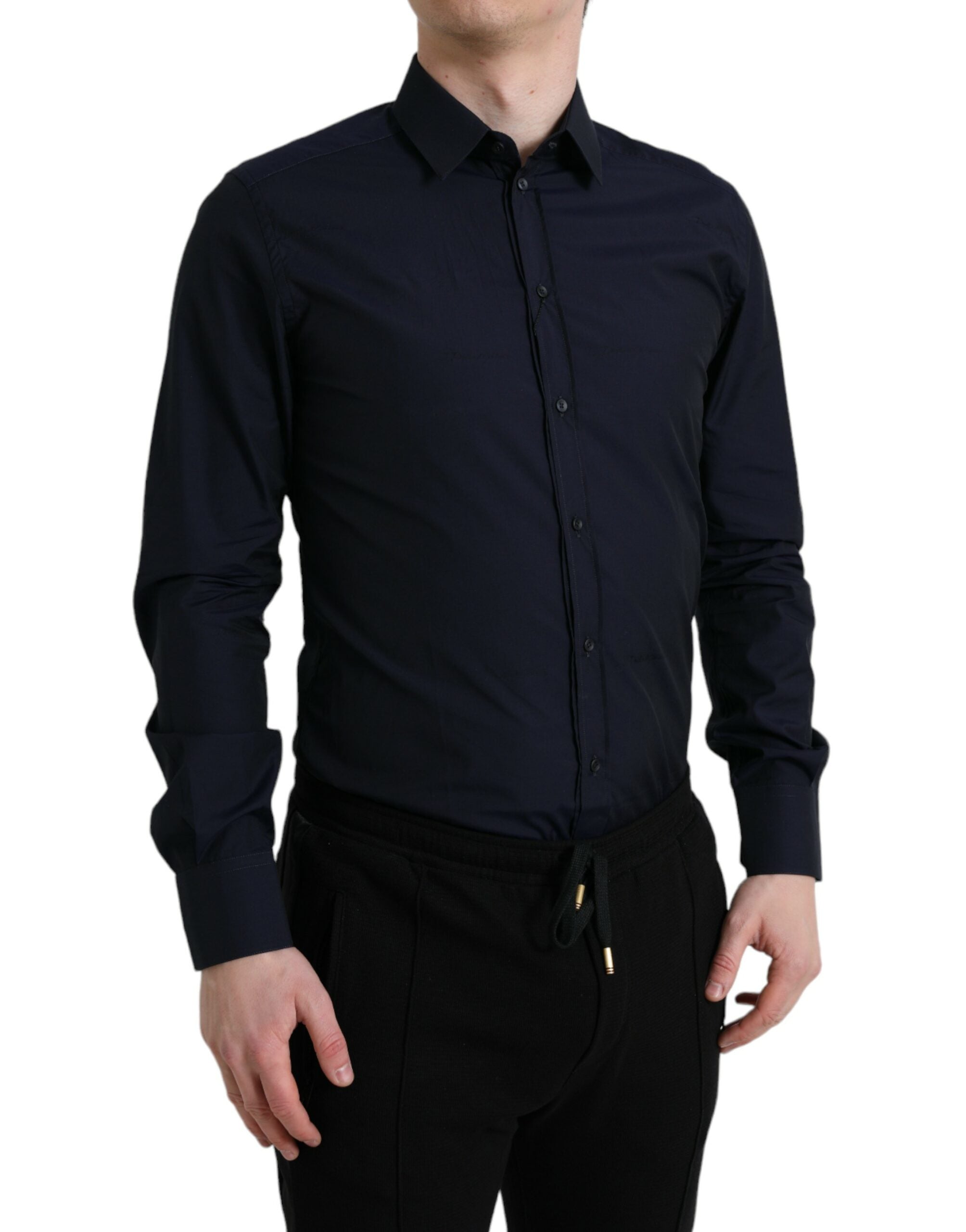 Navy Blue Slim Fit Formal GOLD Dress Shirt - ventzia