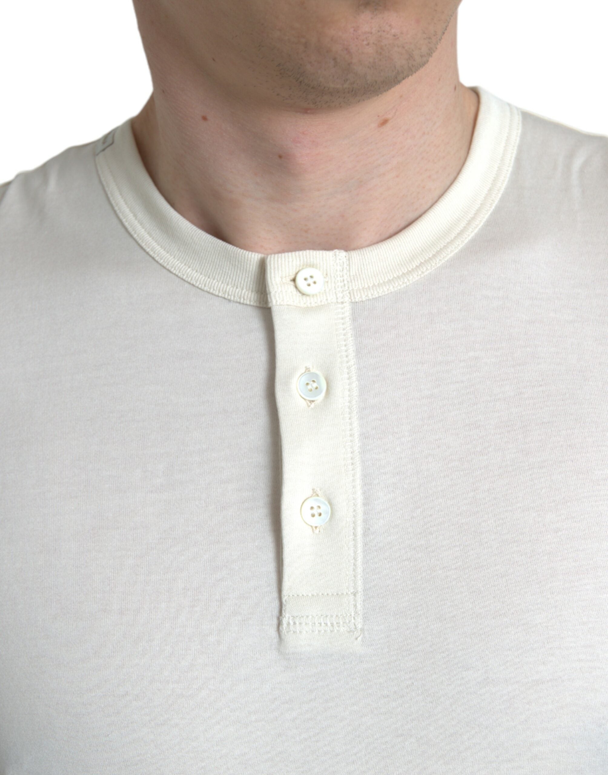 Off White Cotton Henley Pullover Sweater - ventzia