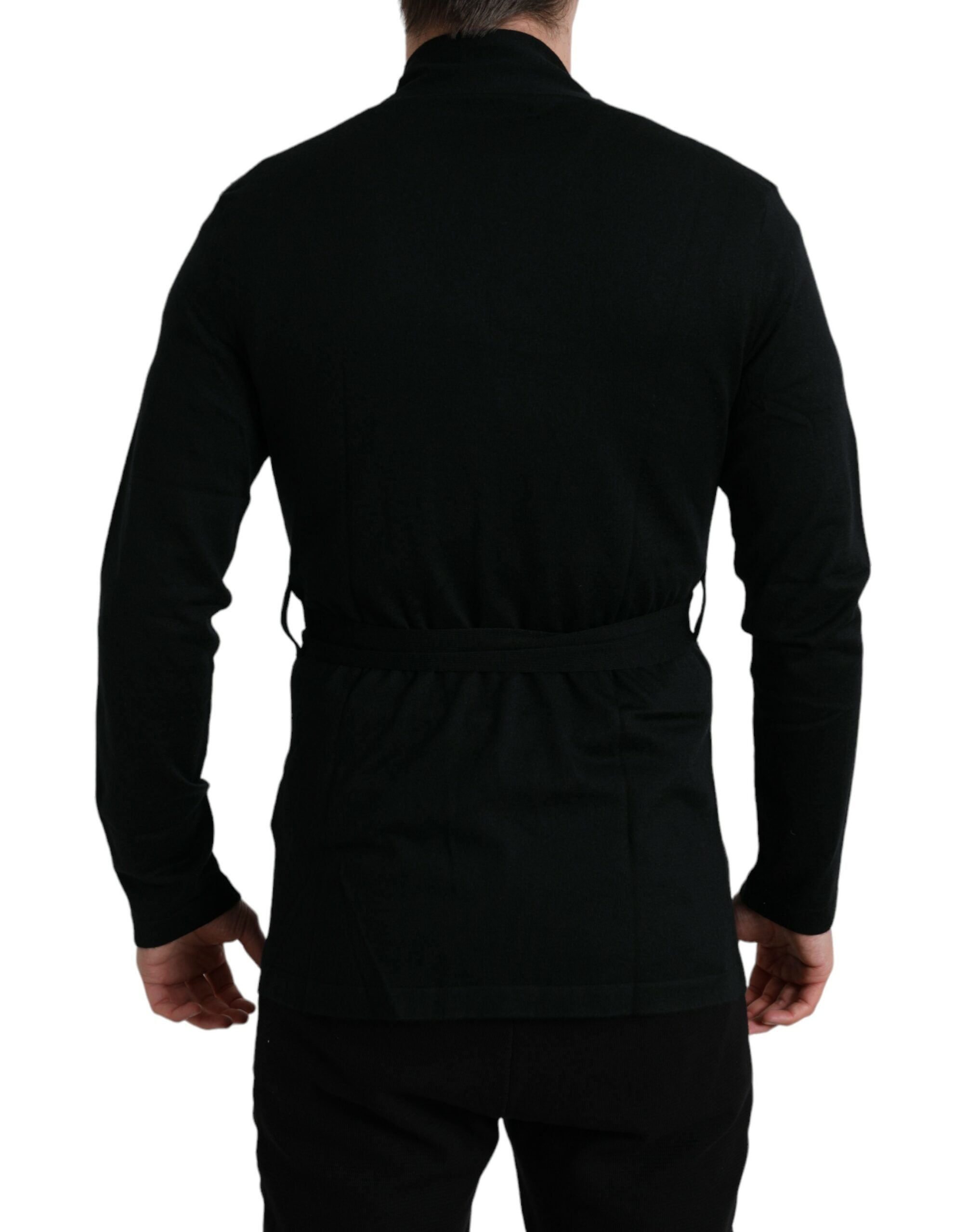Black Cashmere Long Sleeves Belted Wrap Robe - ventzia