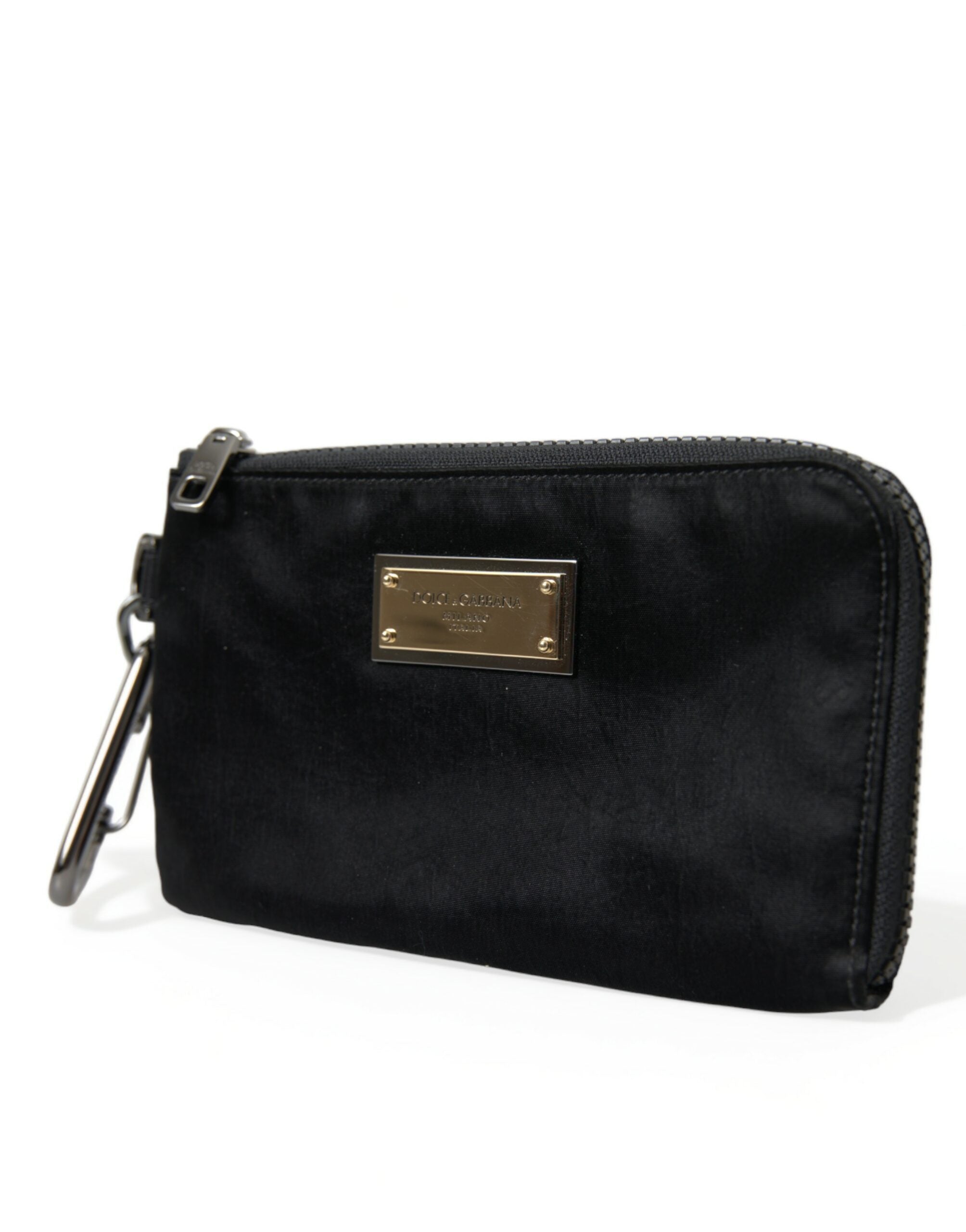 Black Nylon Logo Plaque Keyring Pouch Clutch Bags - ventzia