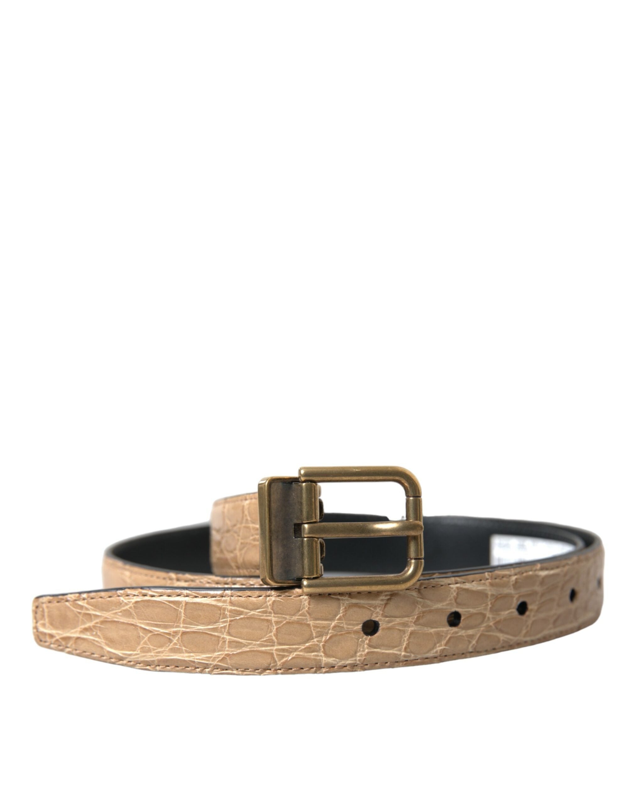 Beige Exotic Leather Gold Metal Buckle Belt - ventzia