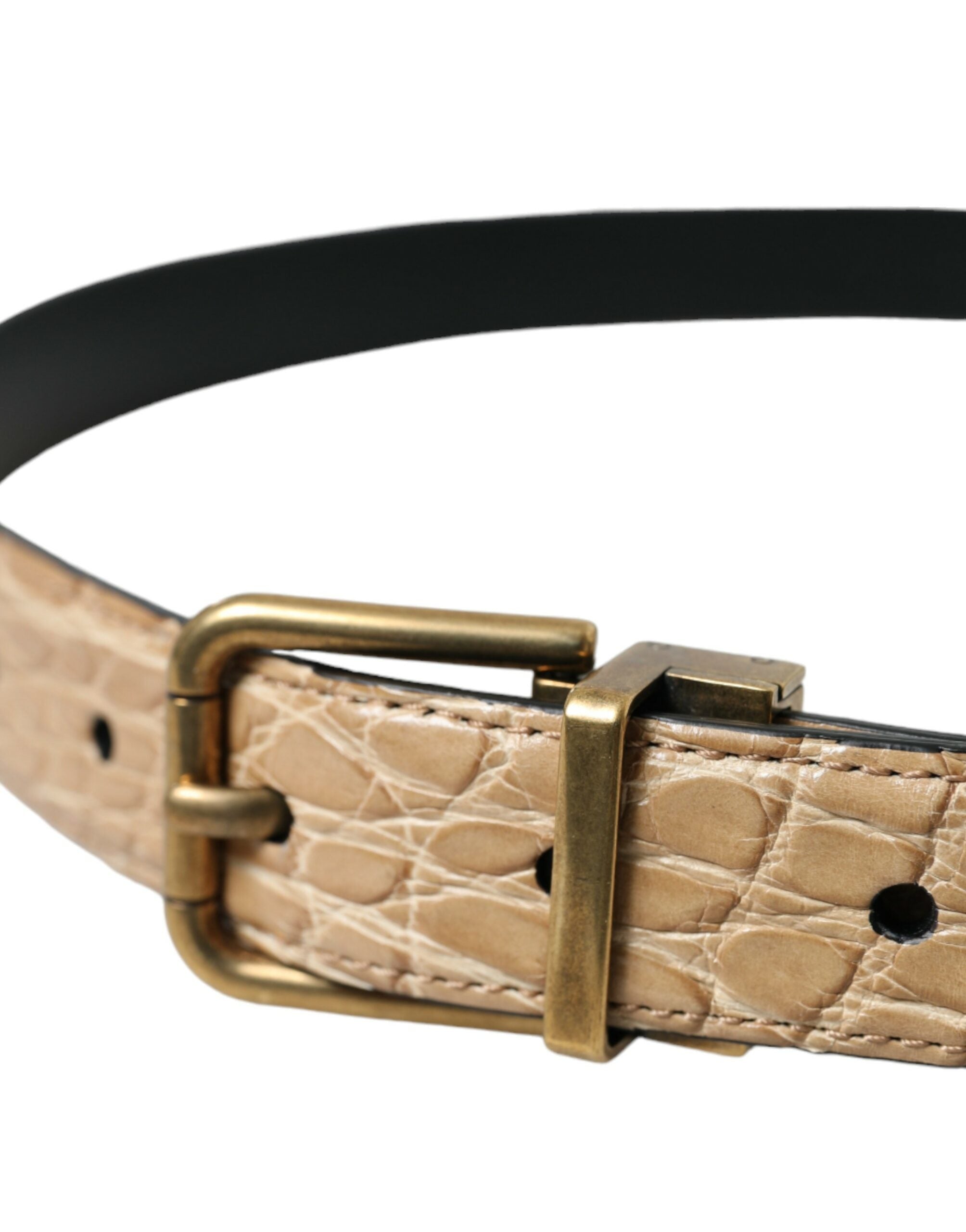 Beige Exotic Leather Gold Metal Buckle Belt - ventzia