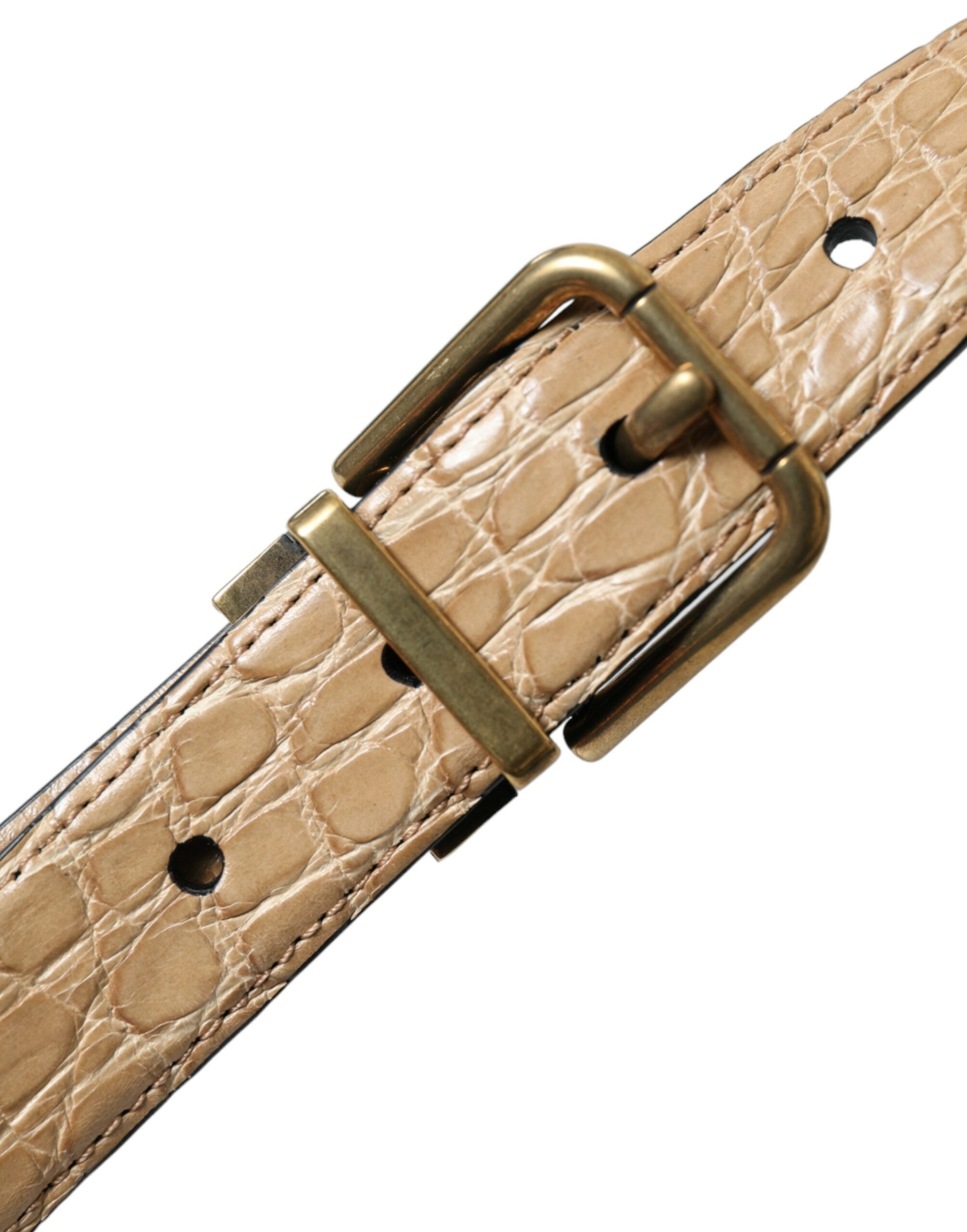 Beige Exotic Leather Gold Metal Buckle Belt - ventzia