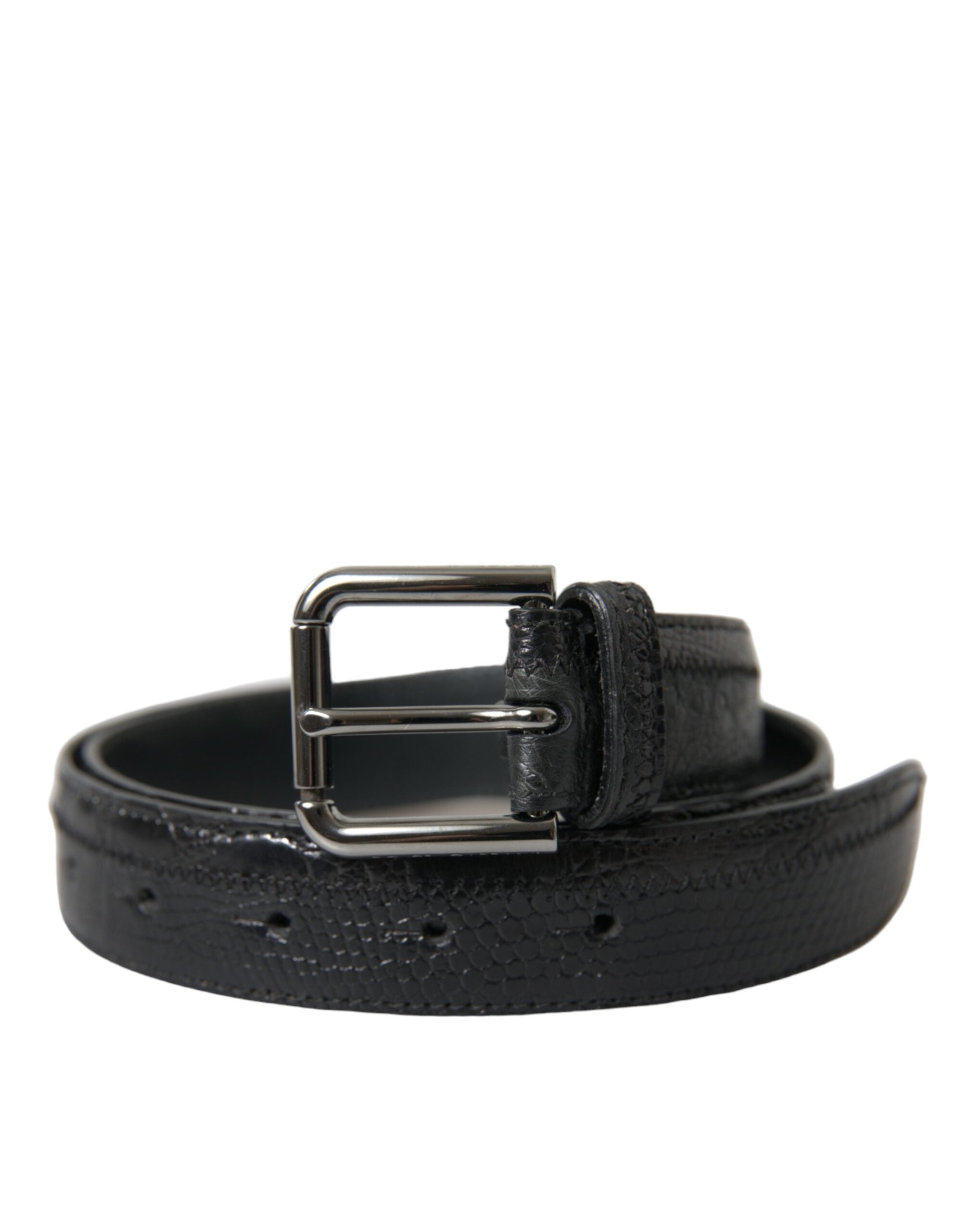 Black Exotic Leather Silver Metal Buckle Belt - ventzia