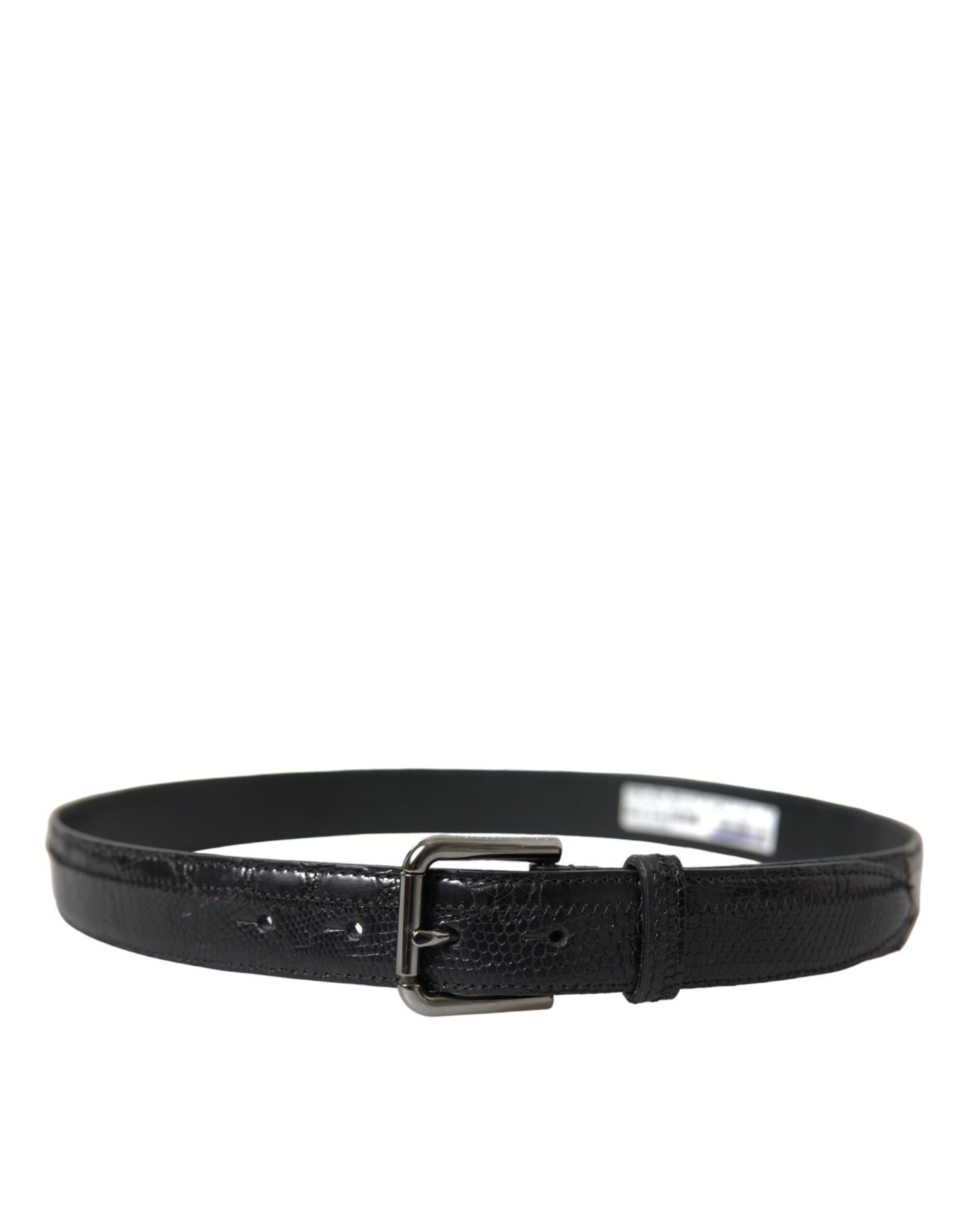 Black Exotic Leather Silver Metal Buckle Belt - ventzia