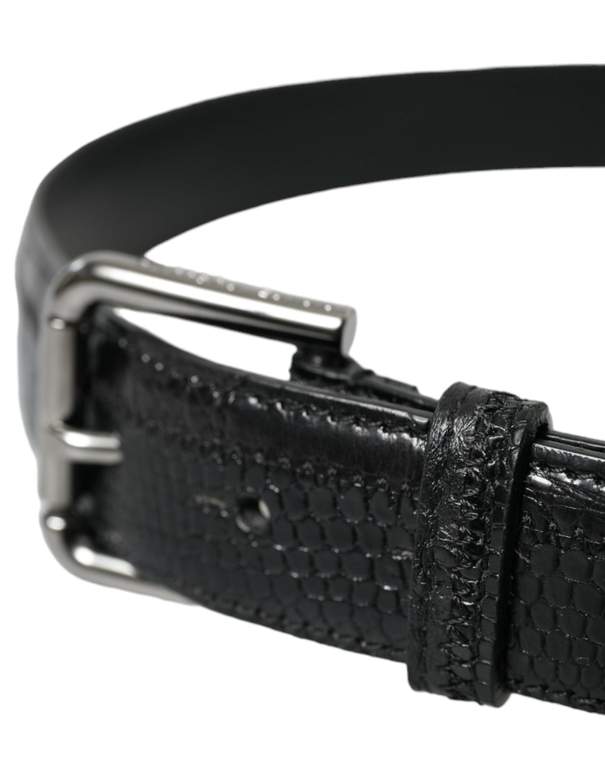 Black Exotic Leather Silver Metal Buckle Belt - ventzia