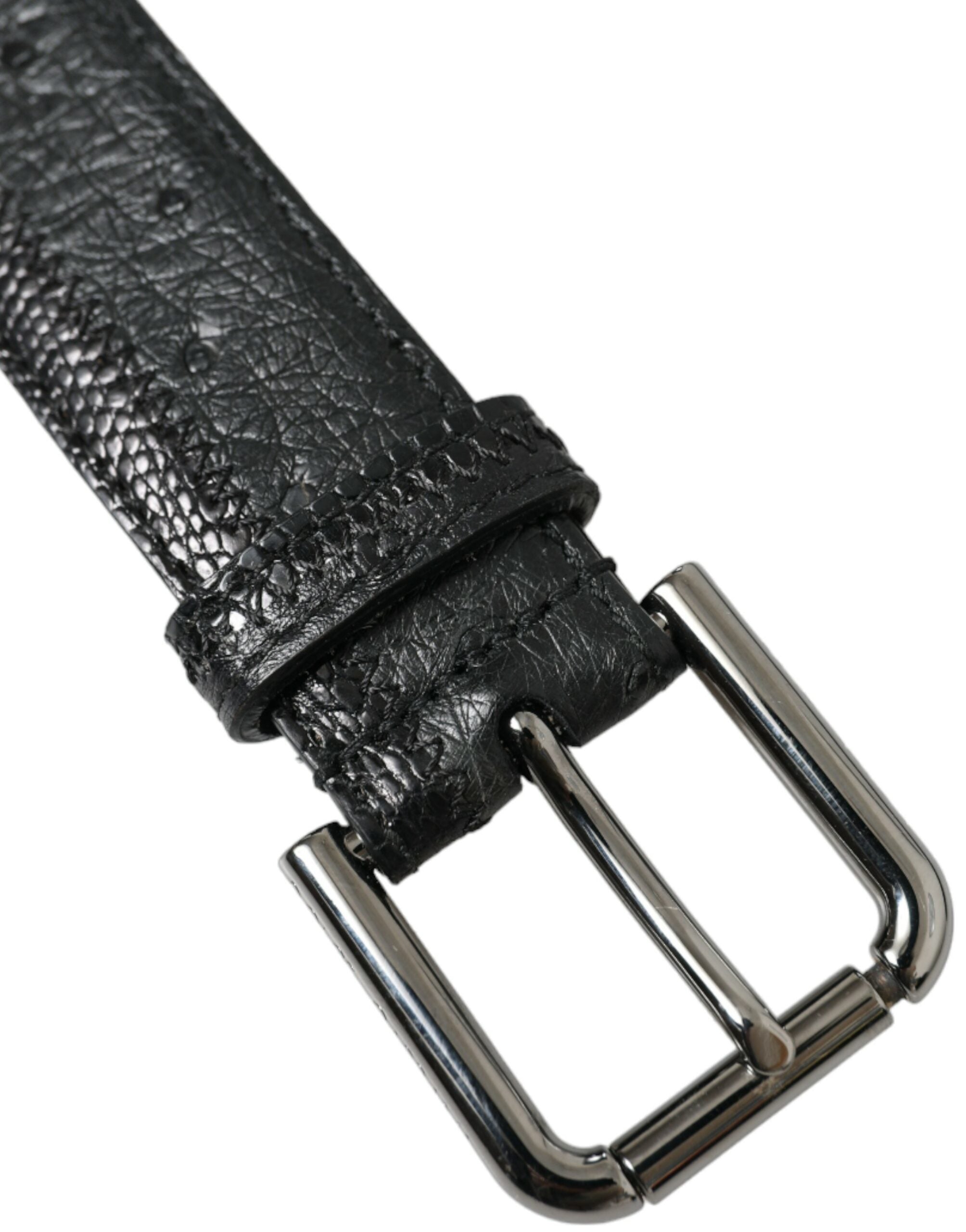 Black Exotic Leather Silver Metal Buckle Belt - ventzia