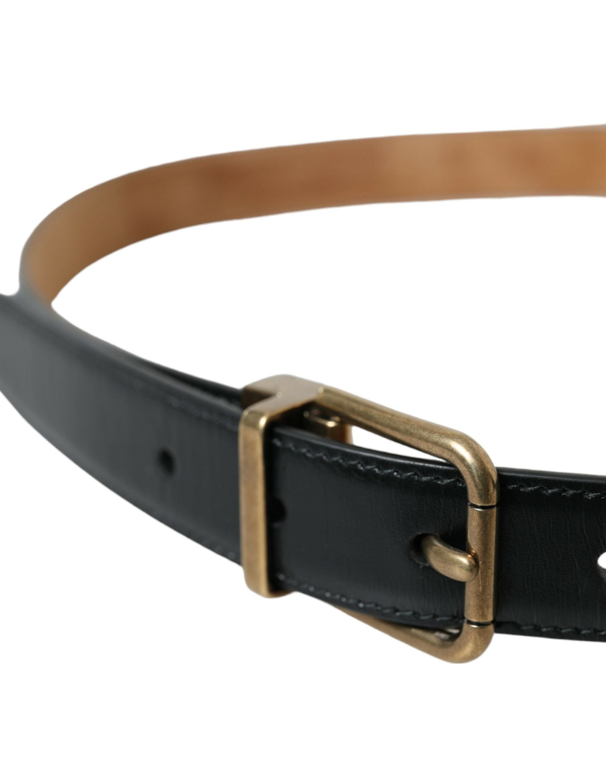 Black Calf Leather Gold Metal Buckle Belt - ventzia