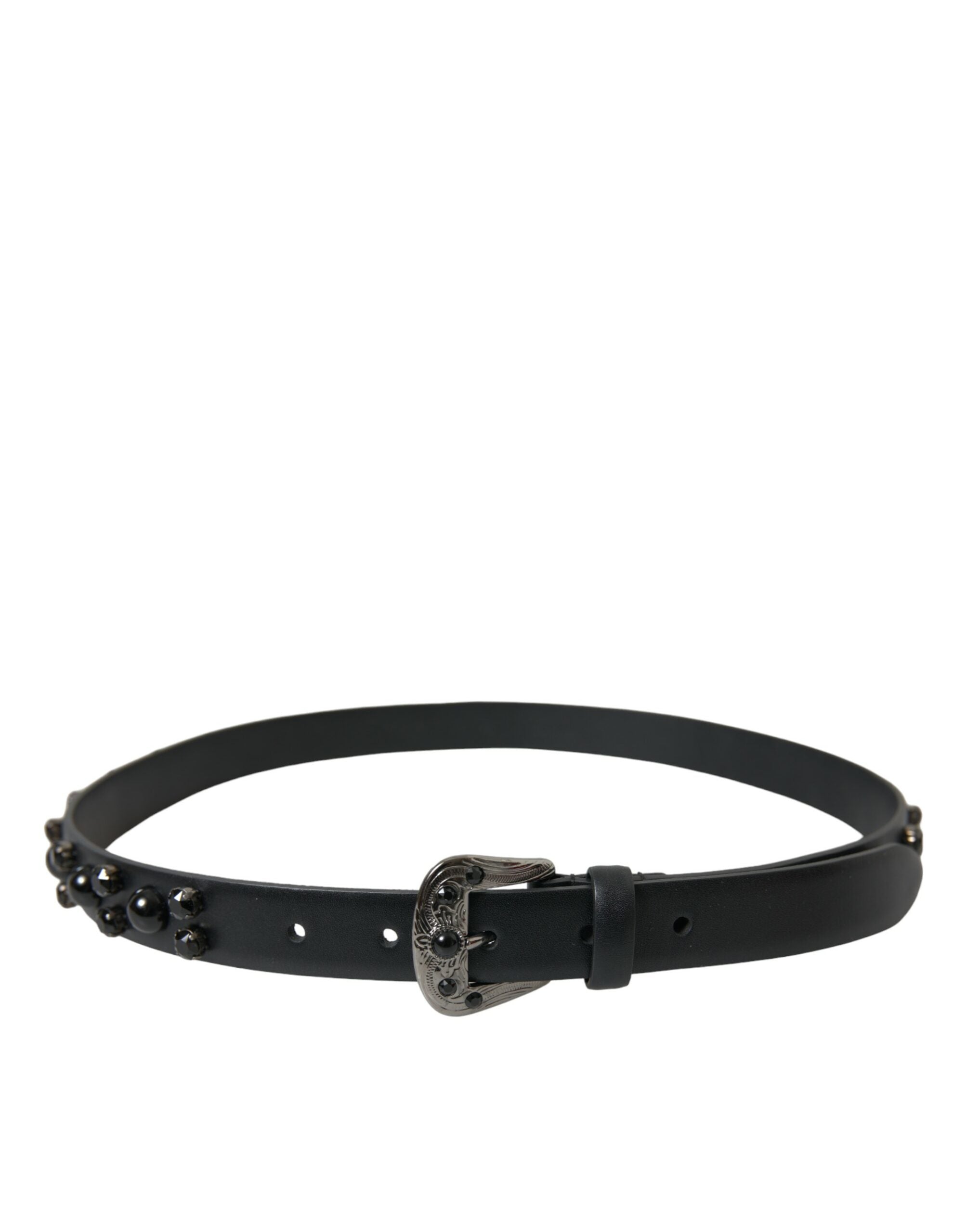 Black Embellished Leather Engraved Buckle Belt - ventzia