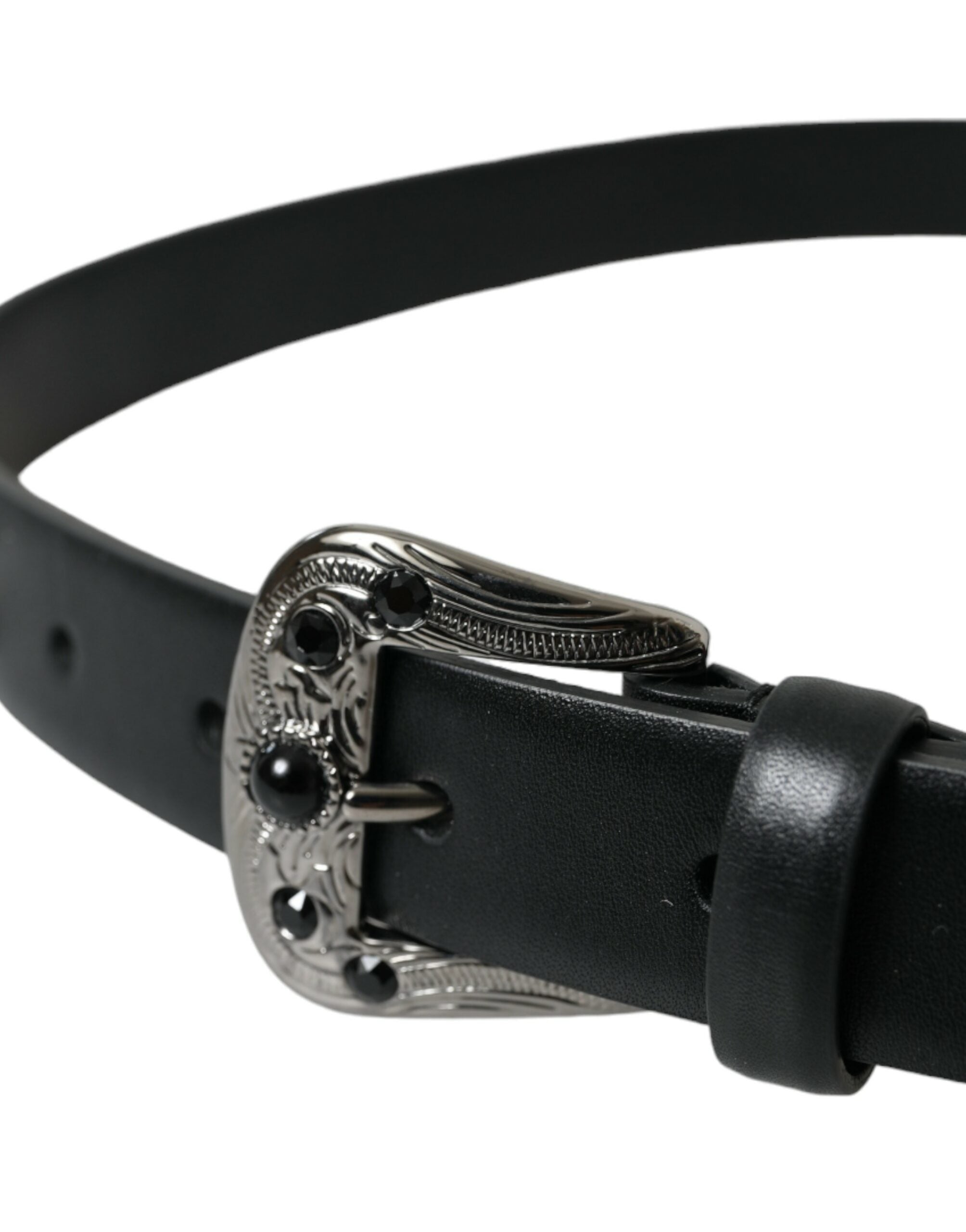 Black Embellished Leather Engraved Buckle Belt - ventzia