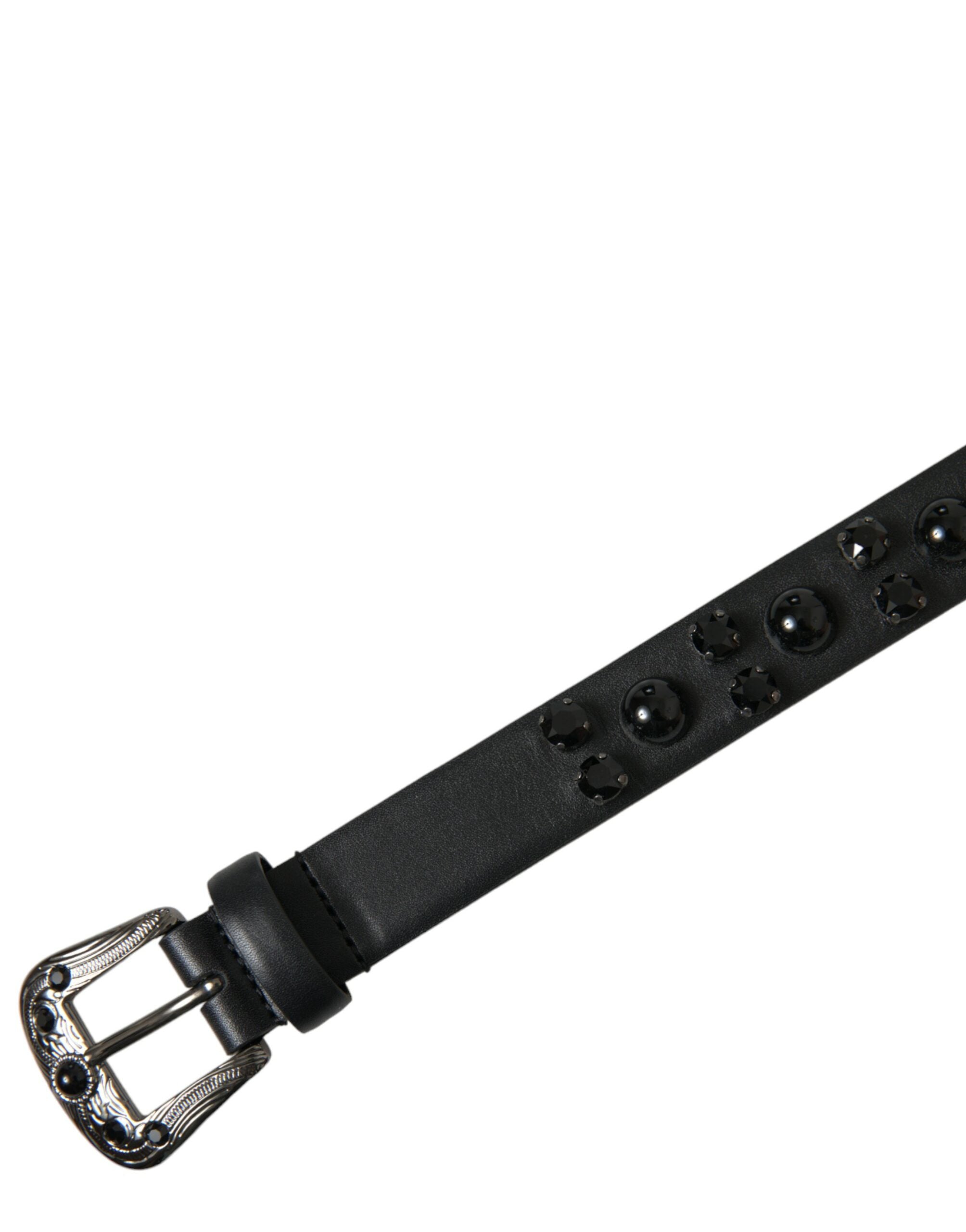 Black Embellished Leather Engraved Buckle Belt - ventzia