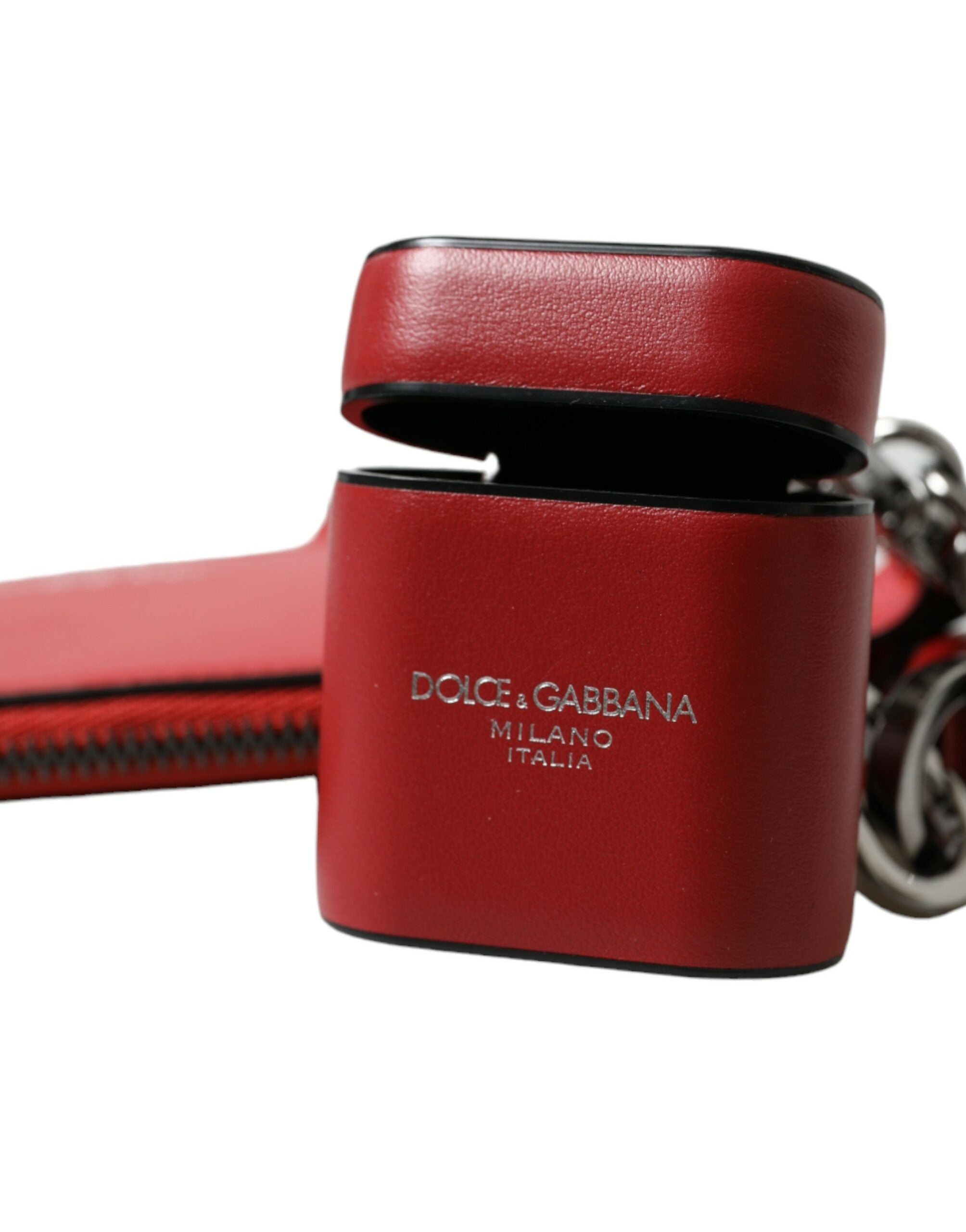 Red Leather Silver Metal Logo Strap Pouch Airpods Case - ventzia