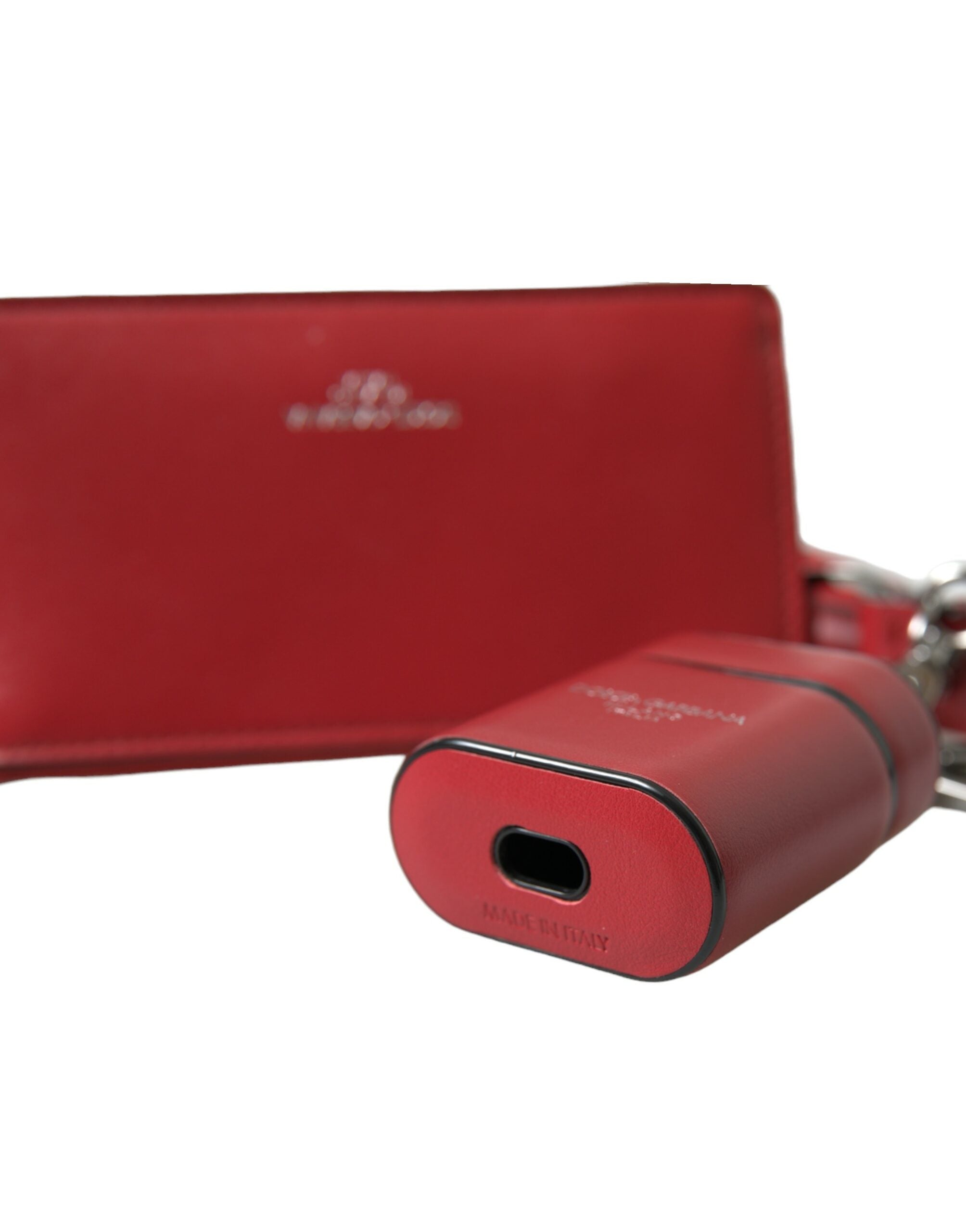 Red Leather Silver Metal Logo Strap Pouch Airpods Case - ventzia