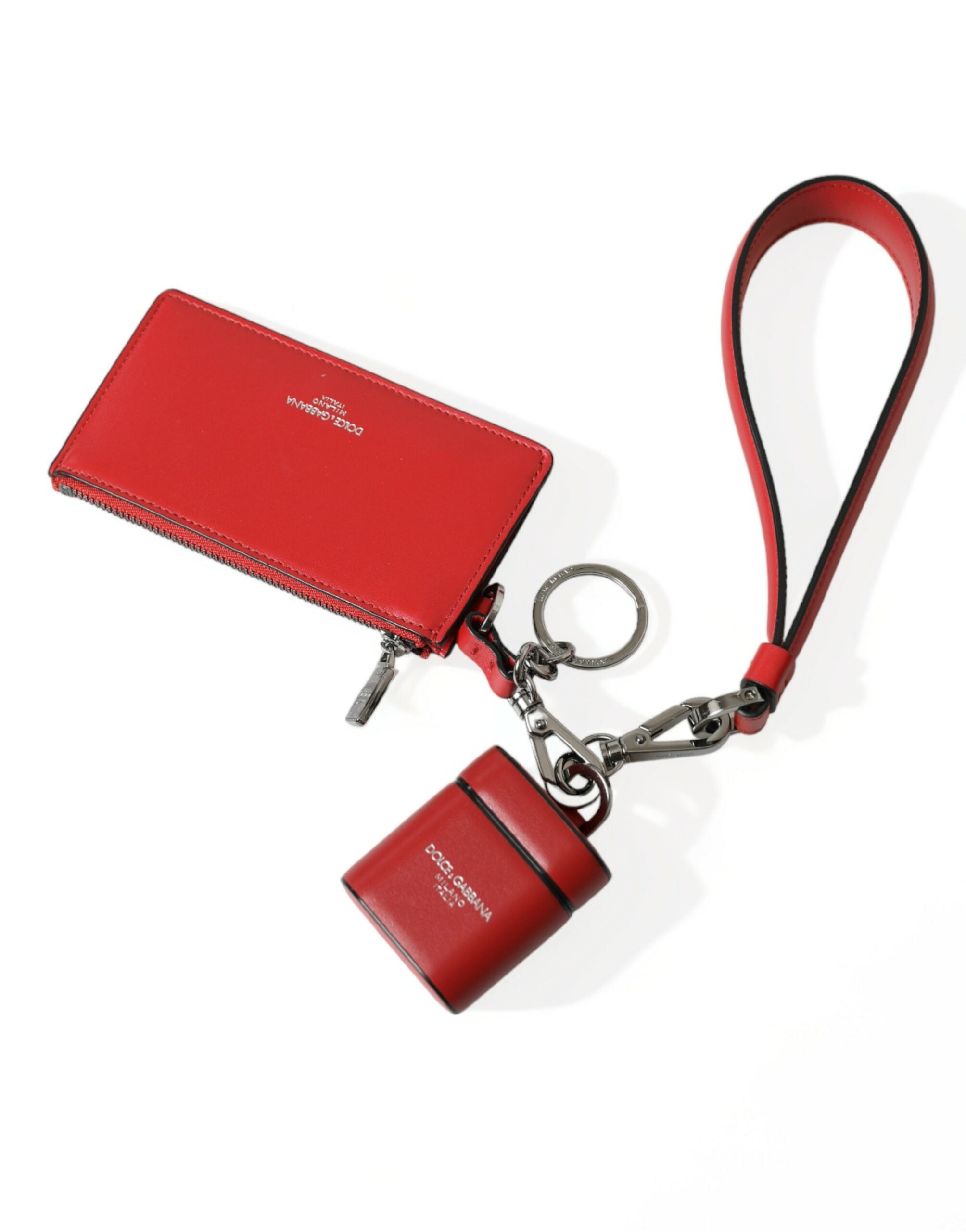 Red Leather Silver Metal Logo Strap Pouch Airpods Case - ventzia