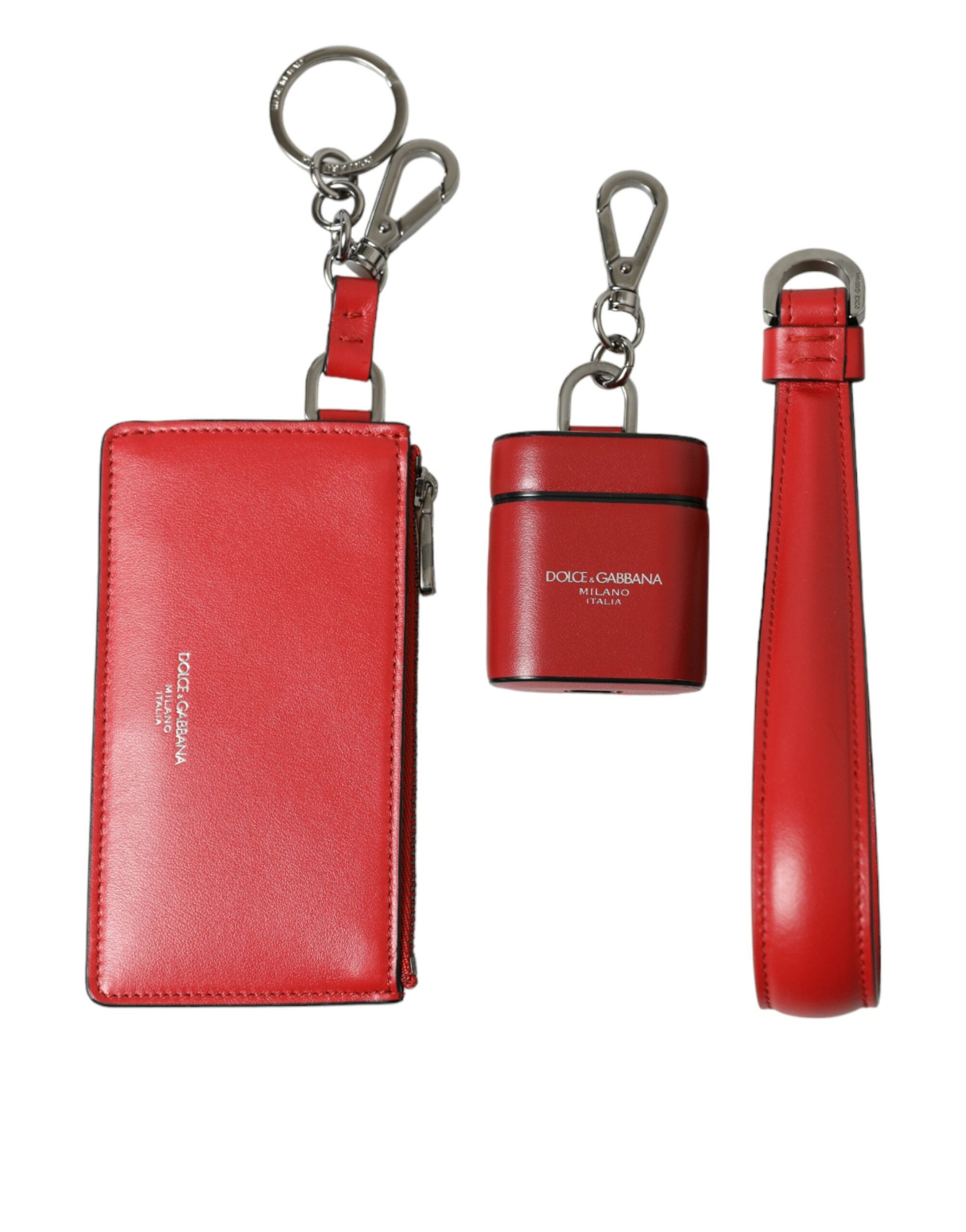 Red Leather Silver Metal Logo Strap Pouch Airpods Case - ventzia