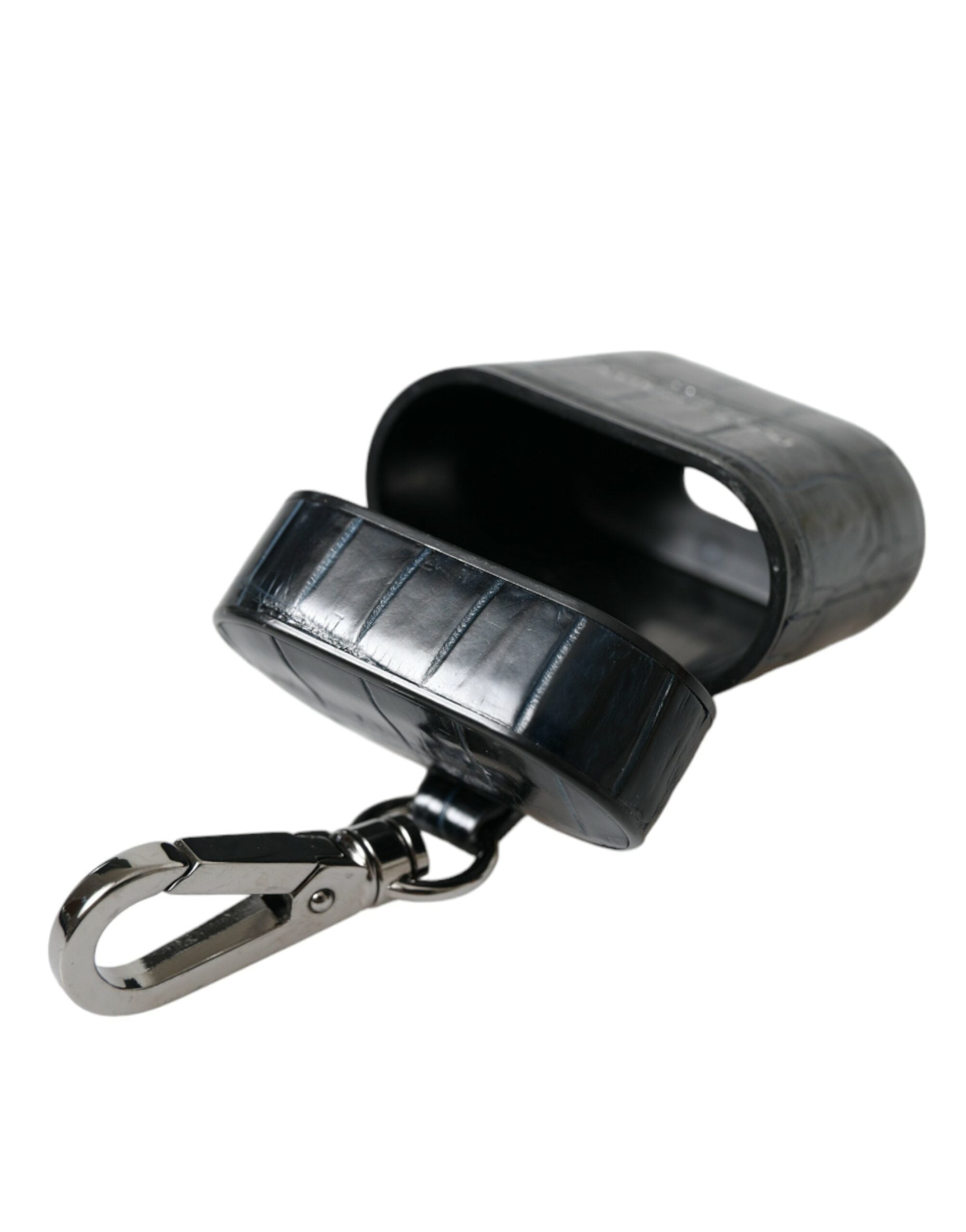 Black Crocodile Leather Silver Metal Logo Airpods Case - ventzia