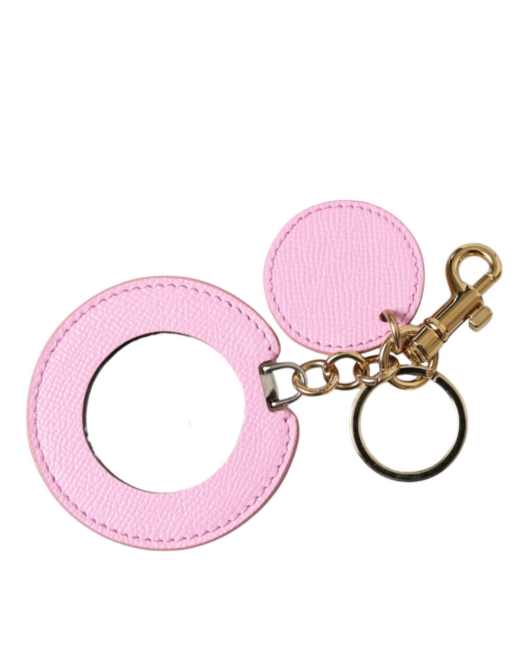 Pink Calf Leather Gold Metal Logo Print Keyring Keychain - ventzia