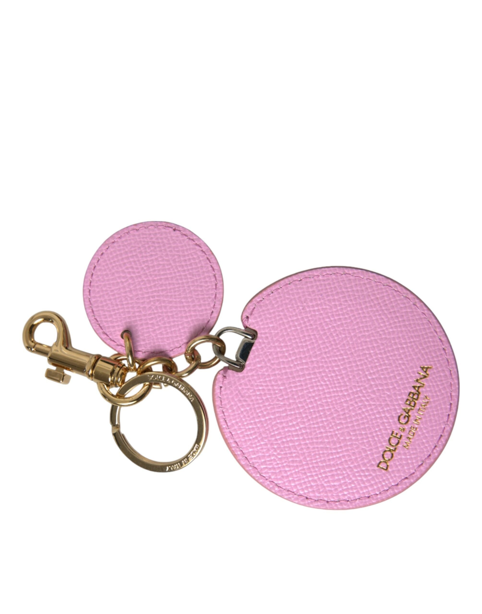 Pink Calf Leather Gold Metal Logo Print Keyring Keychain - ventzia