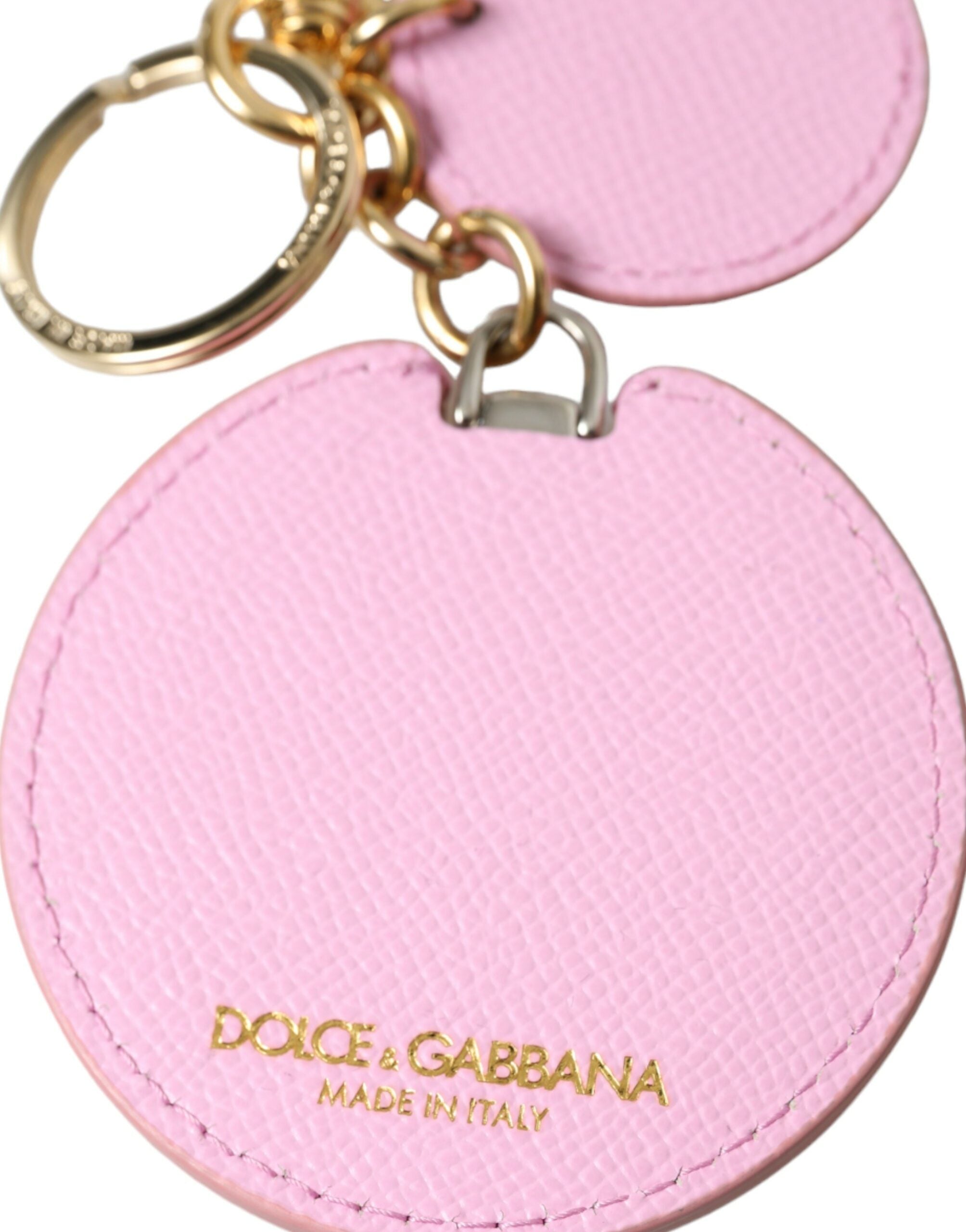 Pink Calf Leather Gold Metal Logo Print Keyring Keychain - ventzia