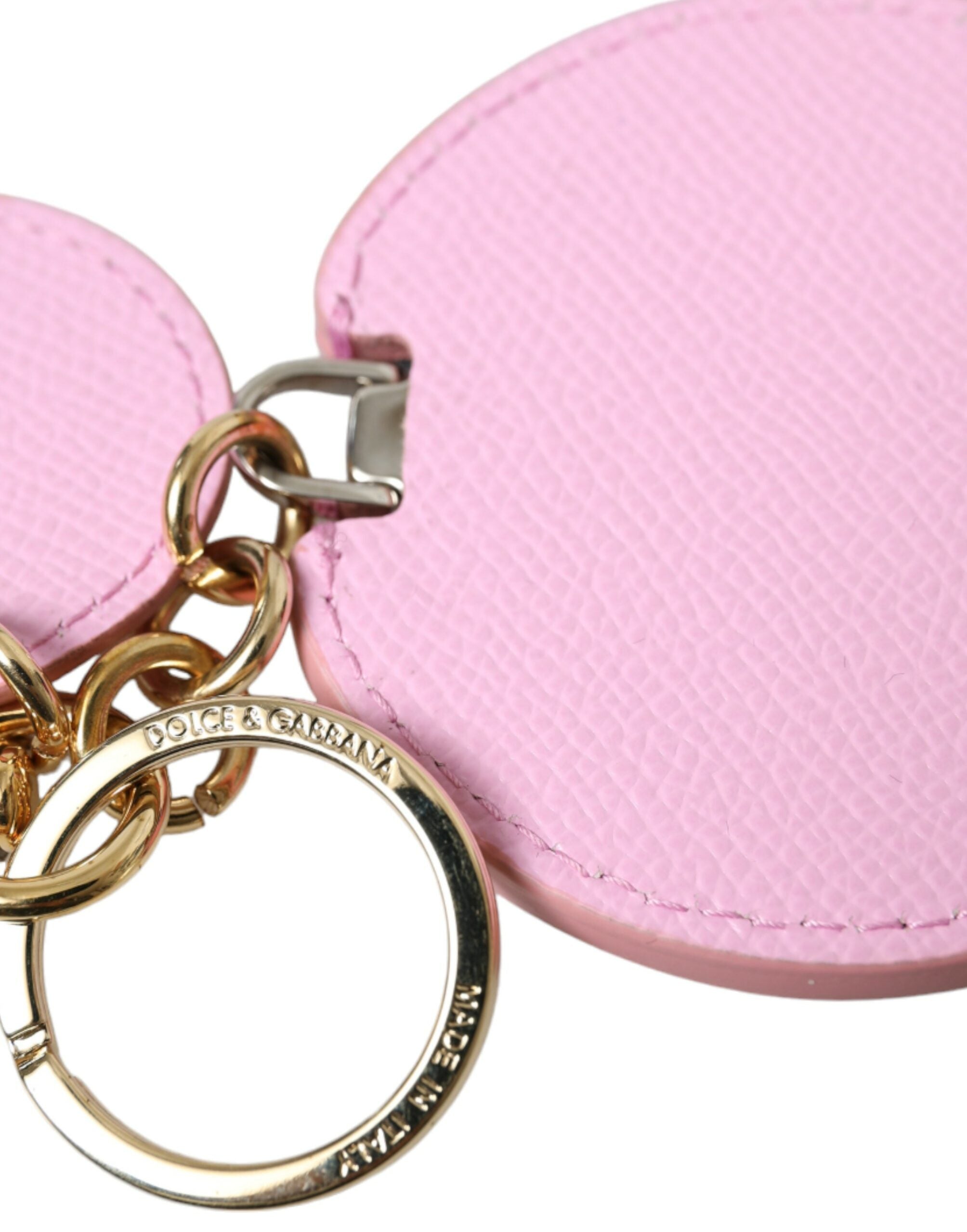 Pink Calf Leather Gold Metal Logo Print Keyring Keychain - ventzia