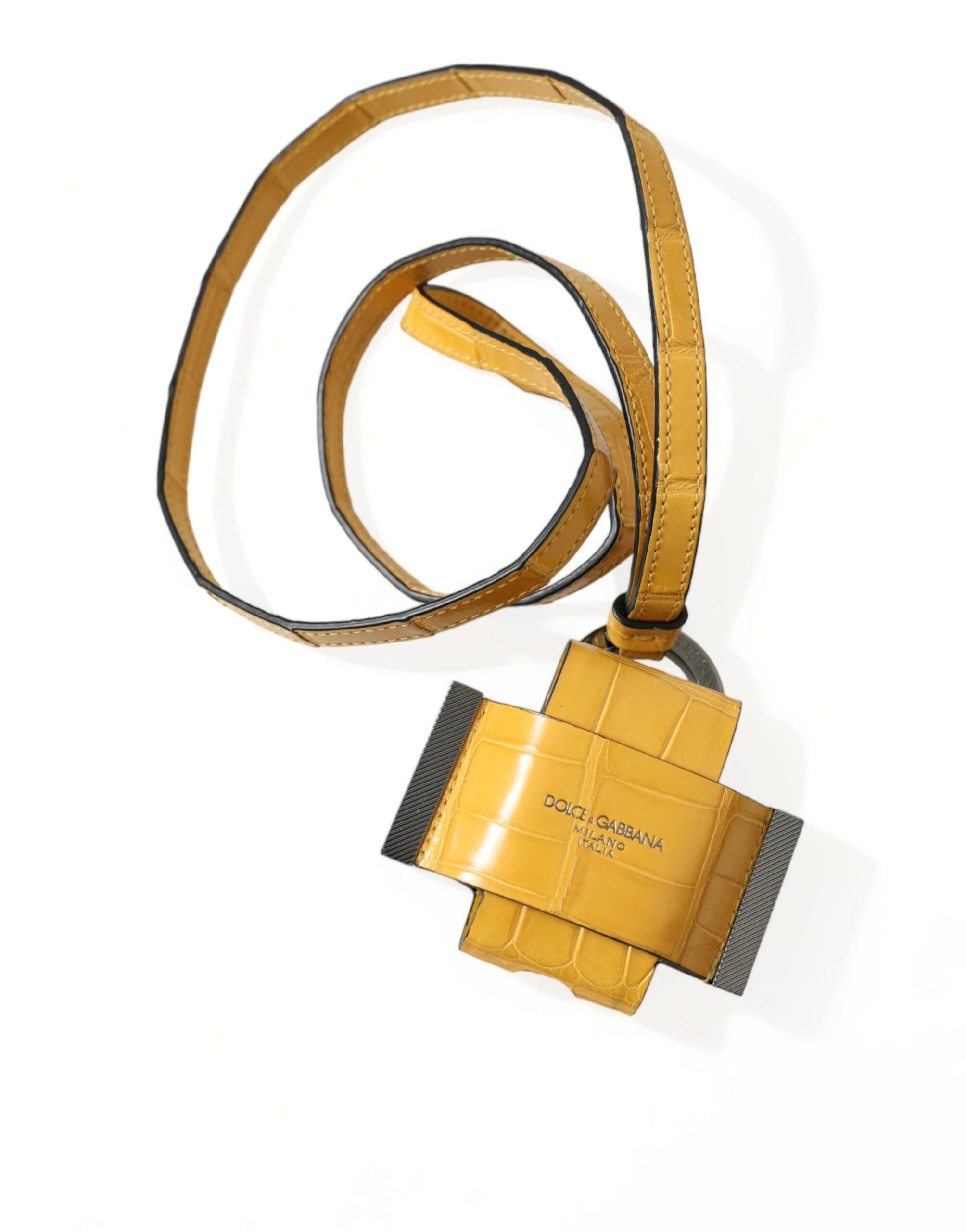 Yellow Crocodile Leather Logo Print Lanyard Keychain - ventzia