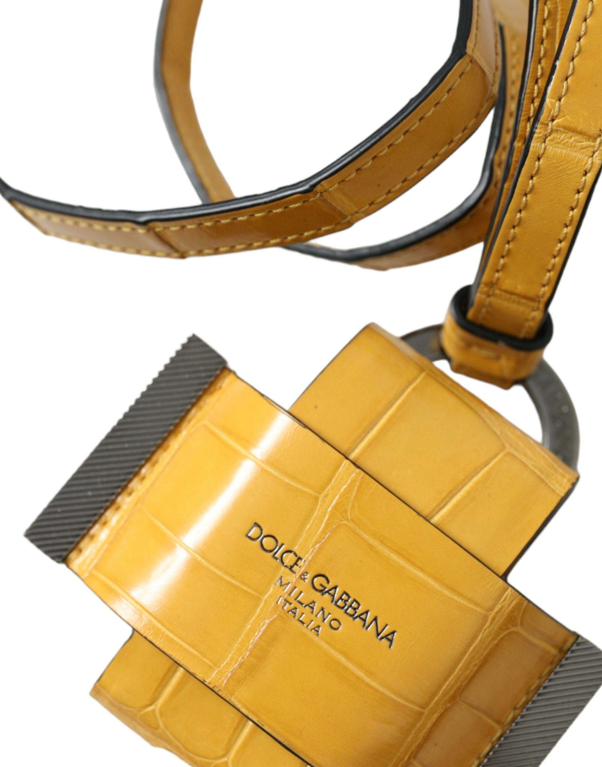 Yellow Crocodile Leather Logo Print Lanyard Keychain - ventzia