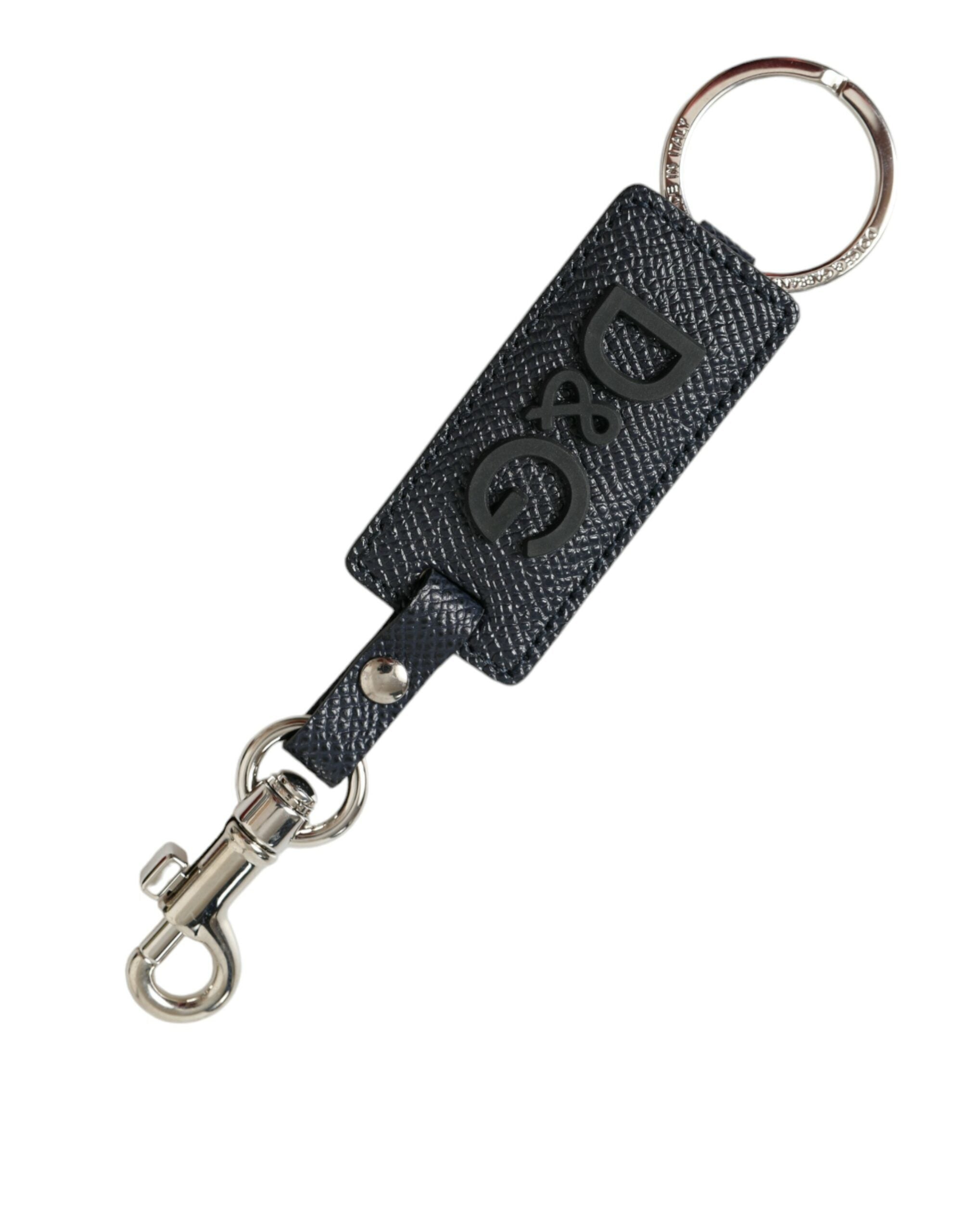 Black Calf Leather DG Logo Silver Brass Keyring Keychain - ventzia