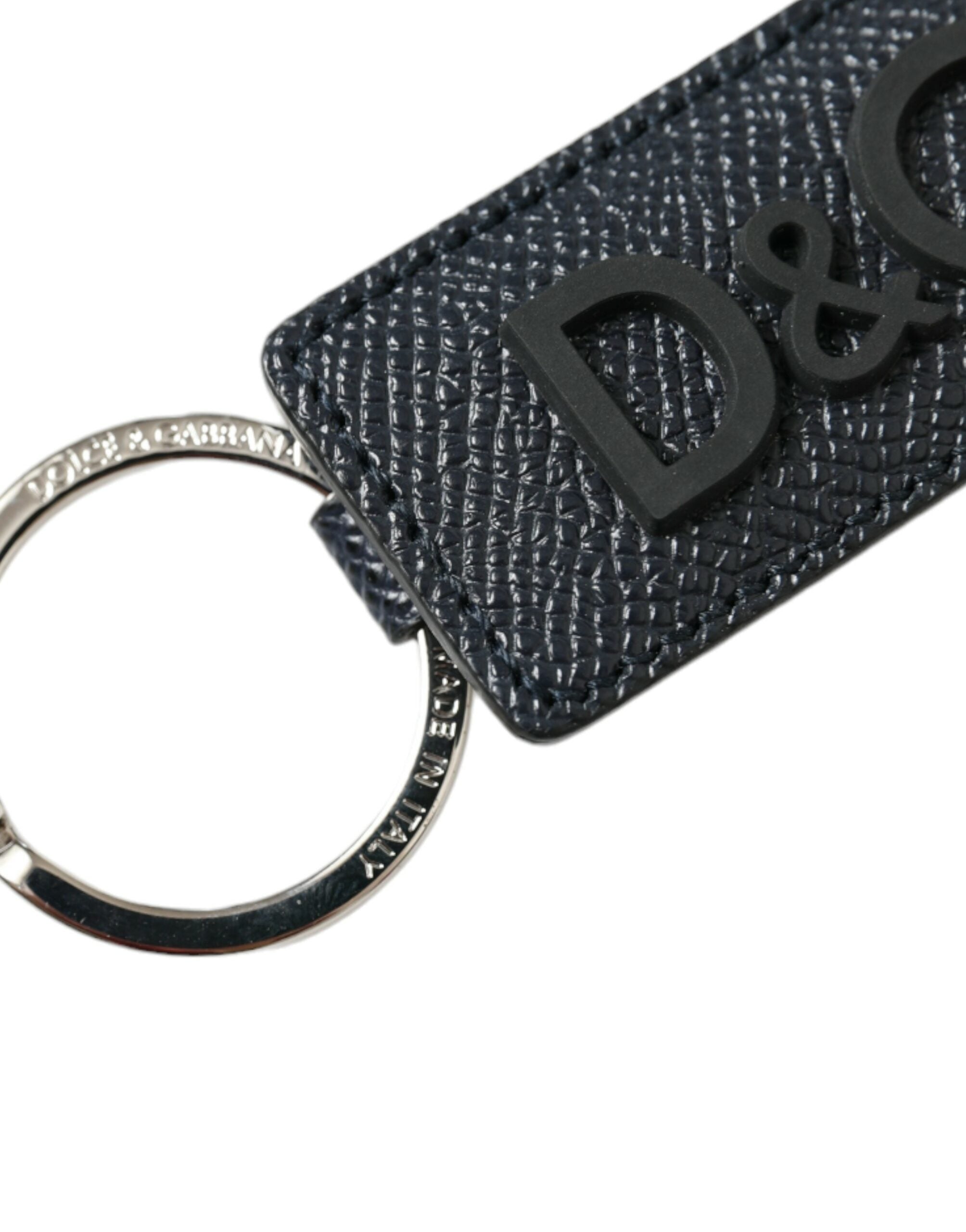 Black Calf Leather DG Logo Silver Brass Keyring Keychain - ventzia