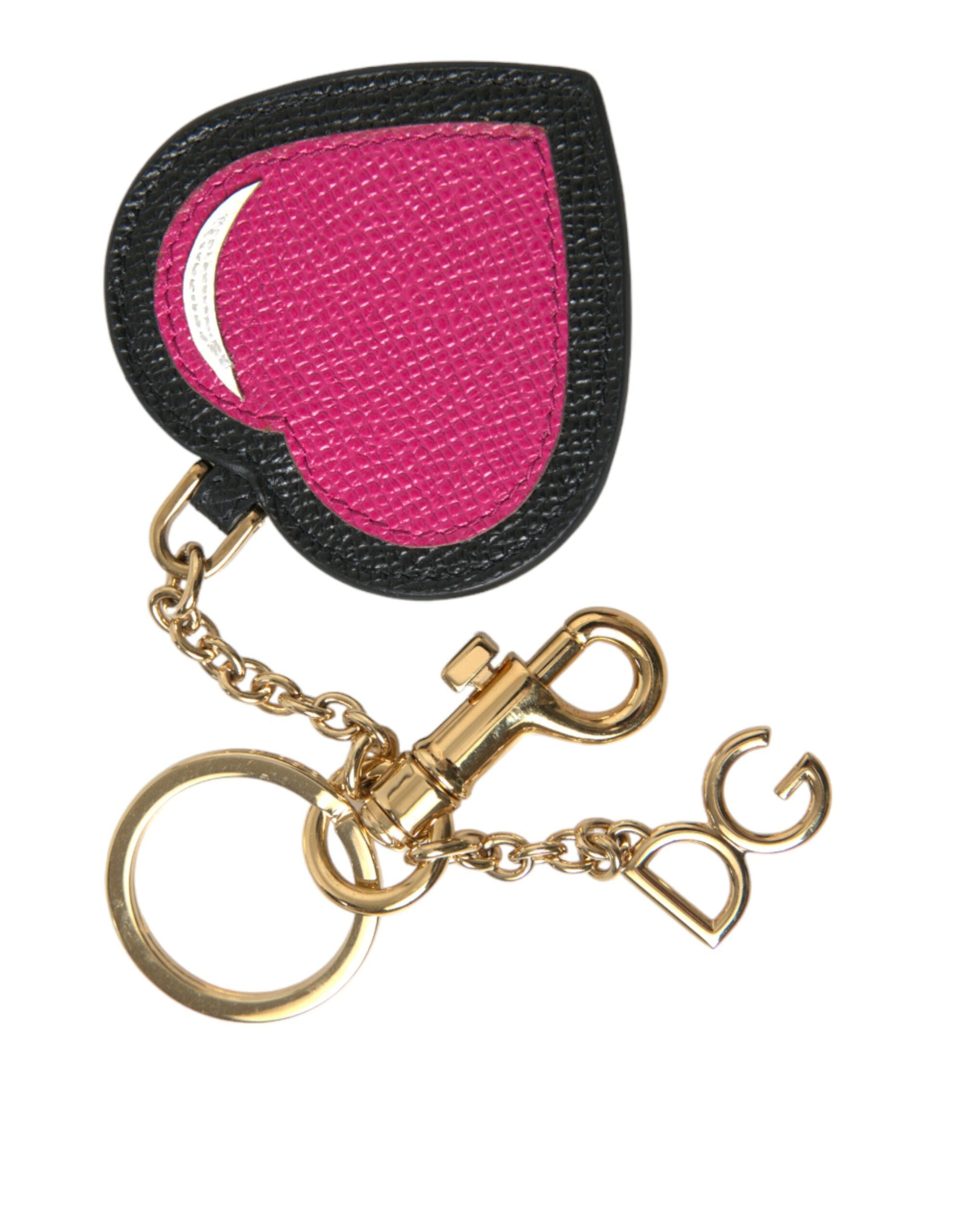 Pink Black Heart Leather Gold Tone Brass Keyring Keychain - ventzia