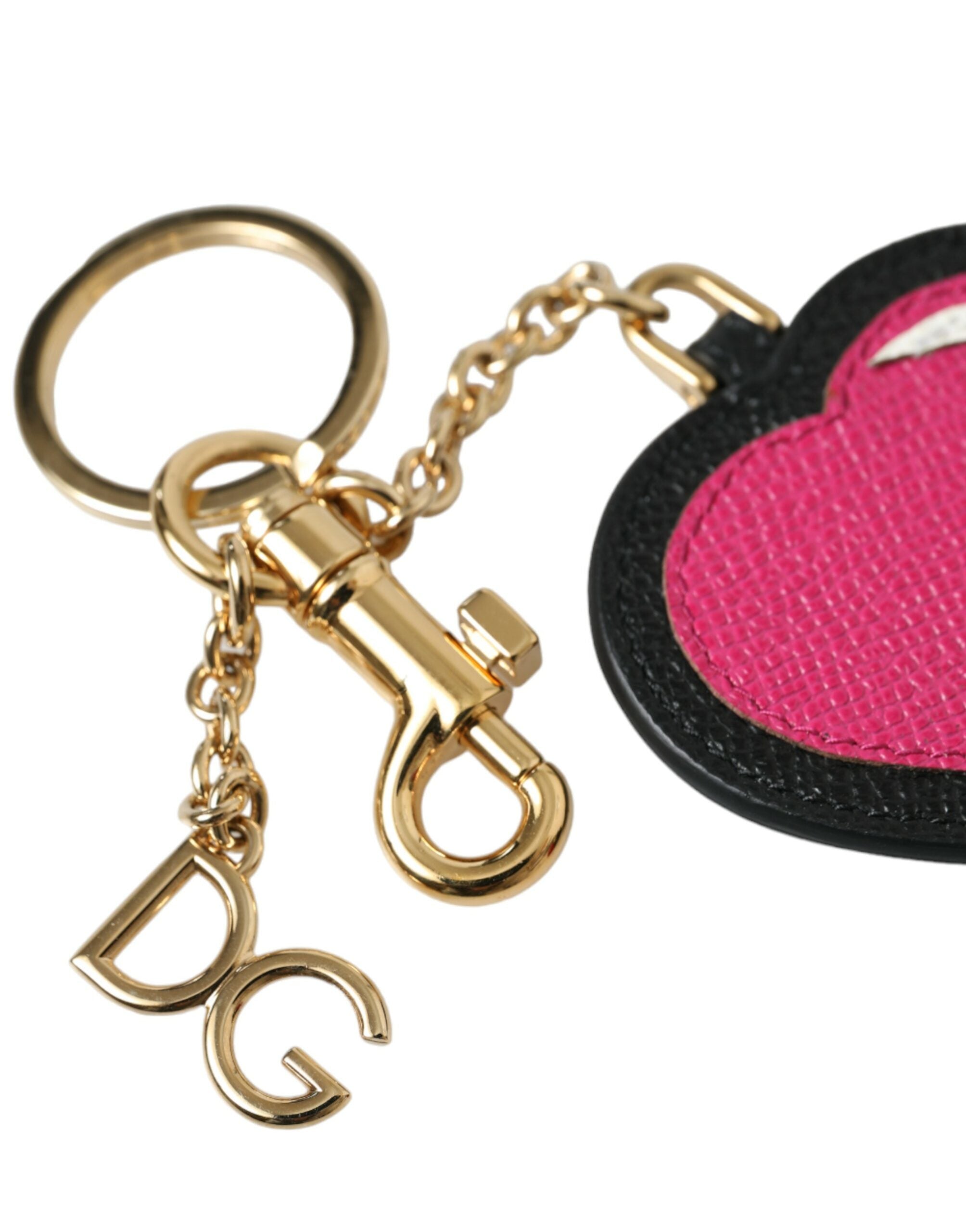 Pink Black Heart Leather Gold Tone Brass Keyring Keychain - ventzia