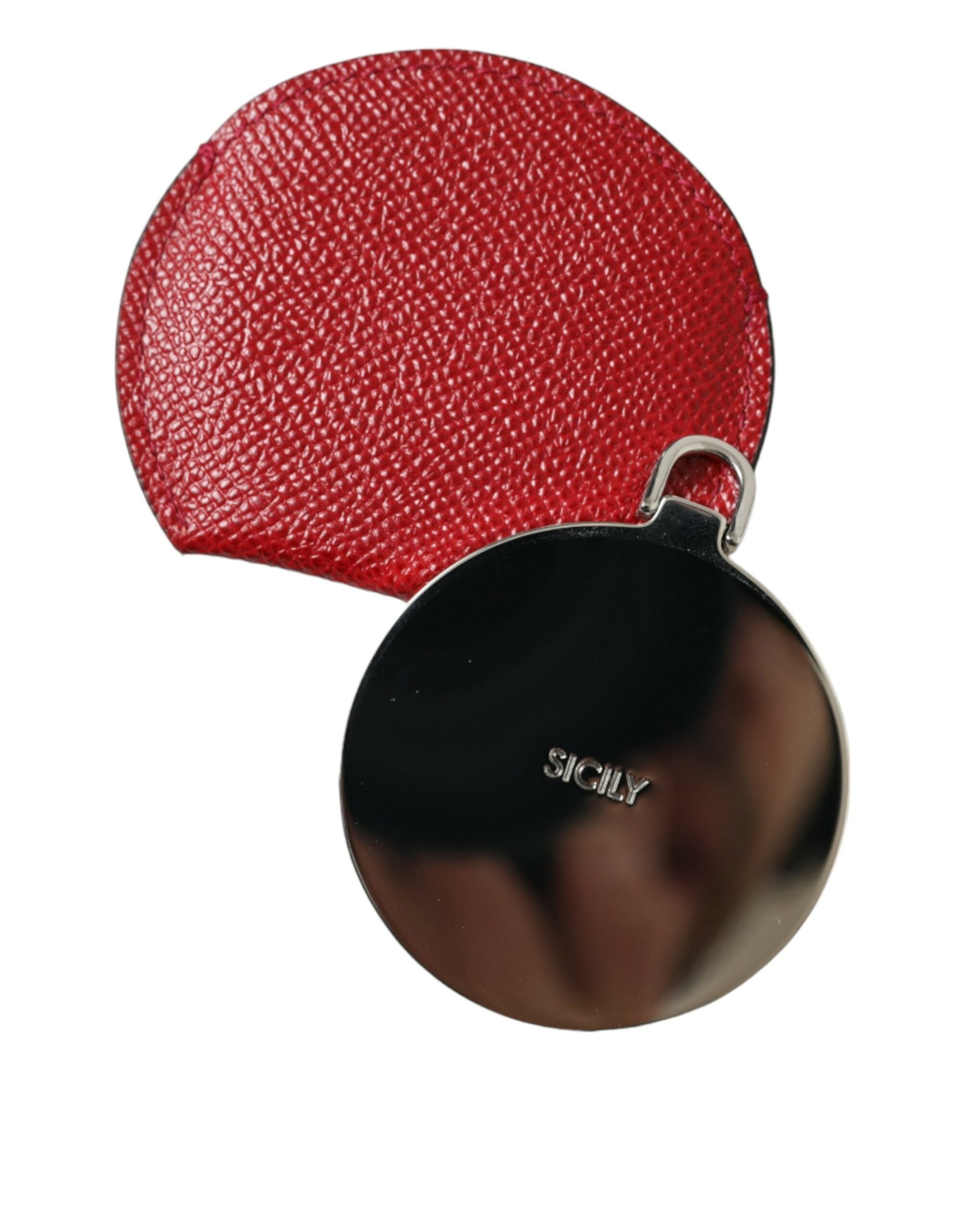Red Calfskin Leather Round Logo Hand Mirror Holder - ventzia