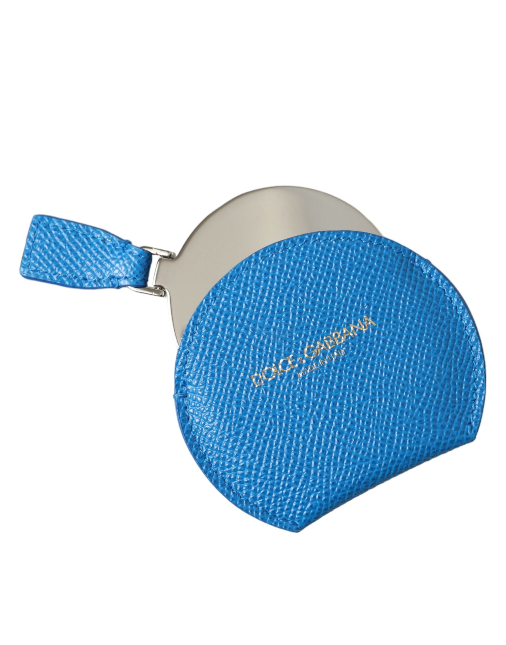 Blue Calfskin Leather Round Logo Hand Mirror Holder - ventzia