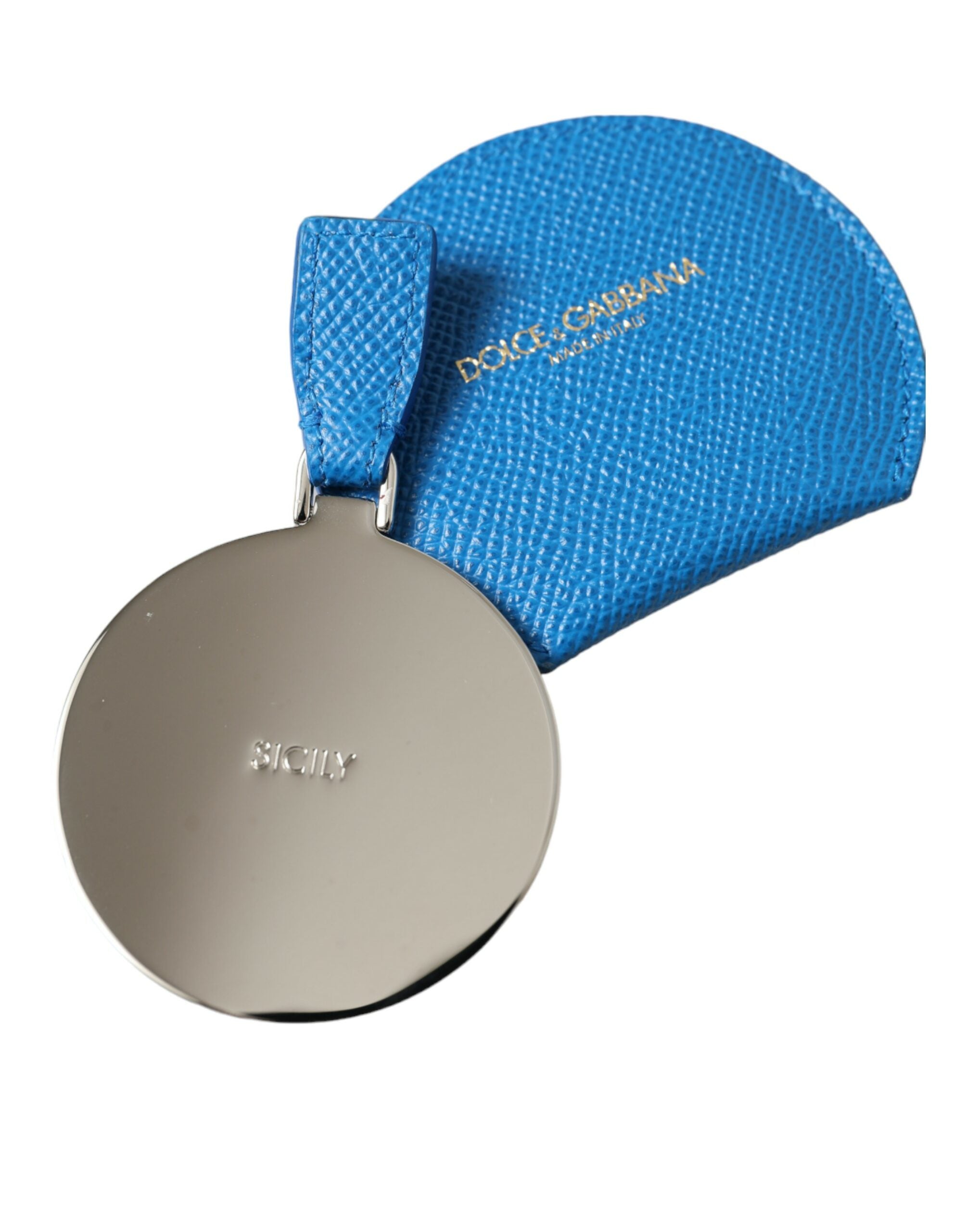 Blue Calfskin Leather Round Logo Hand Mirror Holder - ventzia