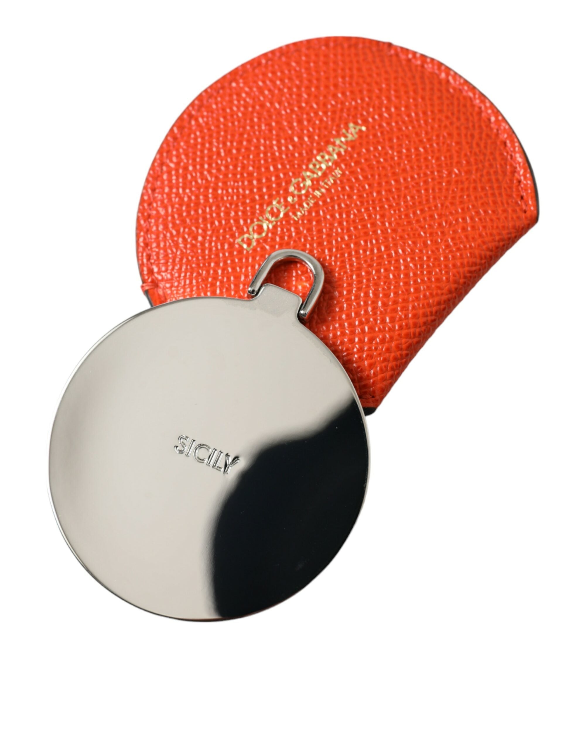 Orange Calfskin Leather Round Logo Hand Mirror Holder - ventzia