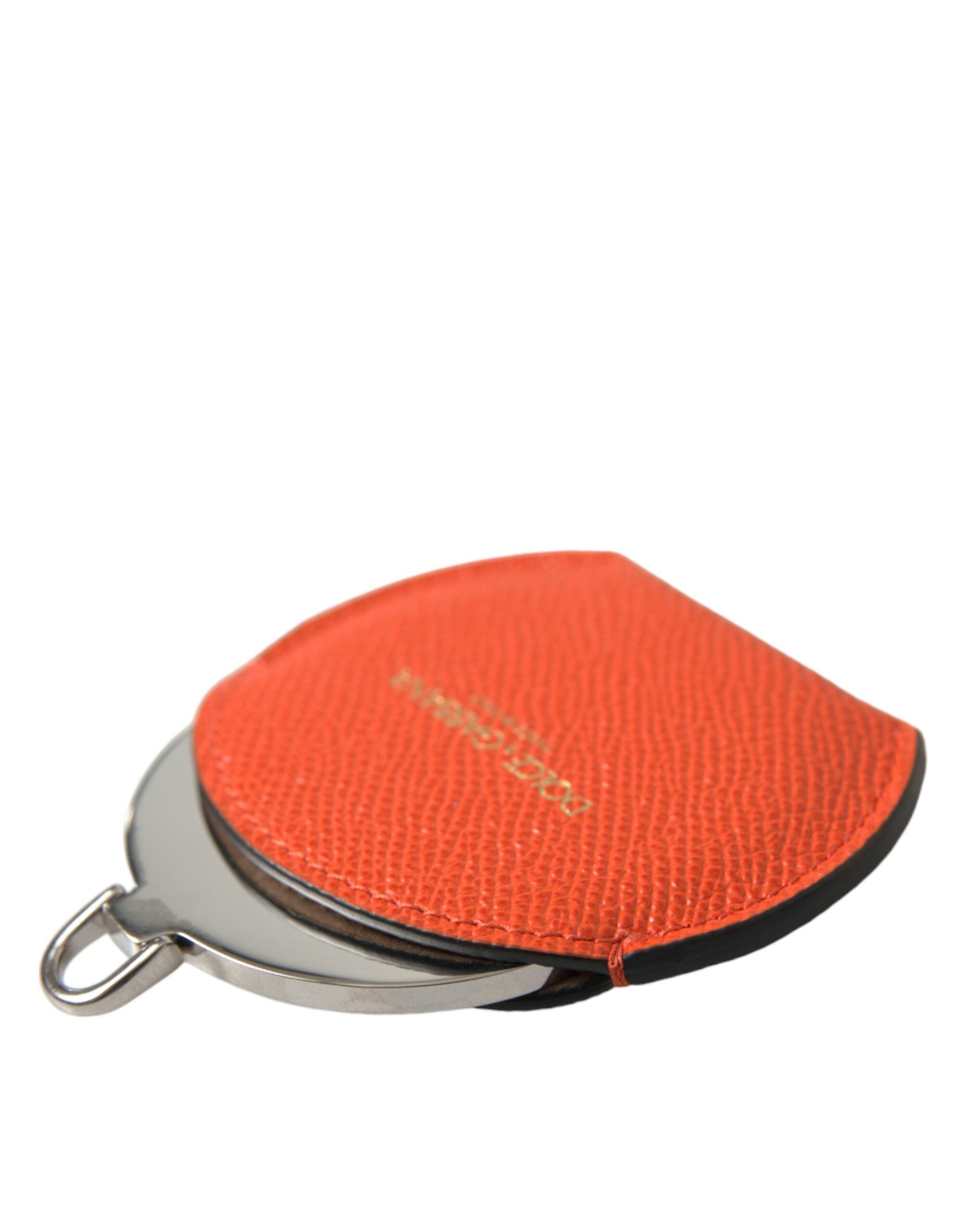 Orange Calfskin Leather Round Logo Hand Mirror Holder - ventzia