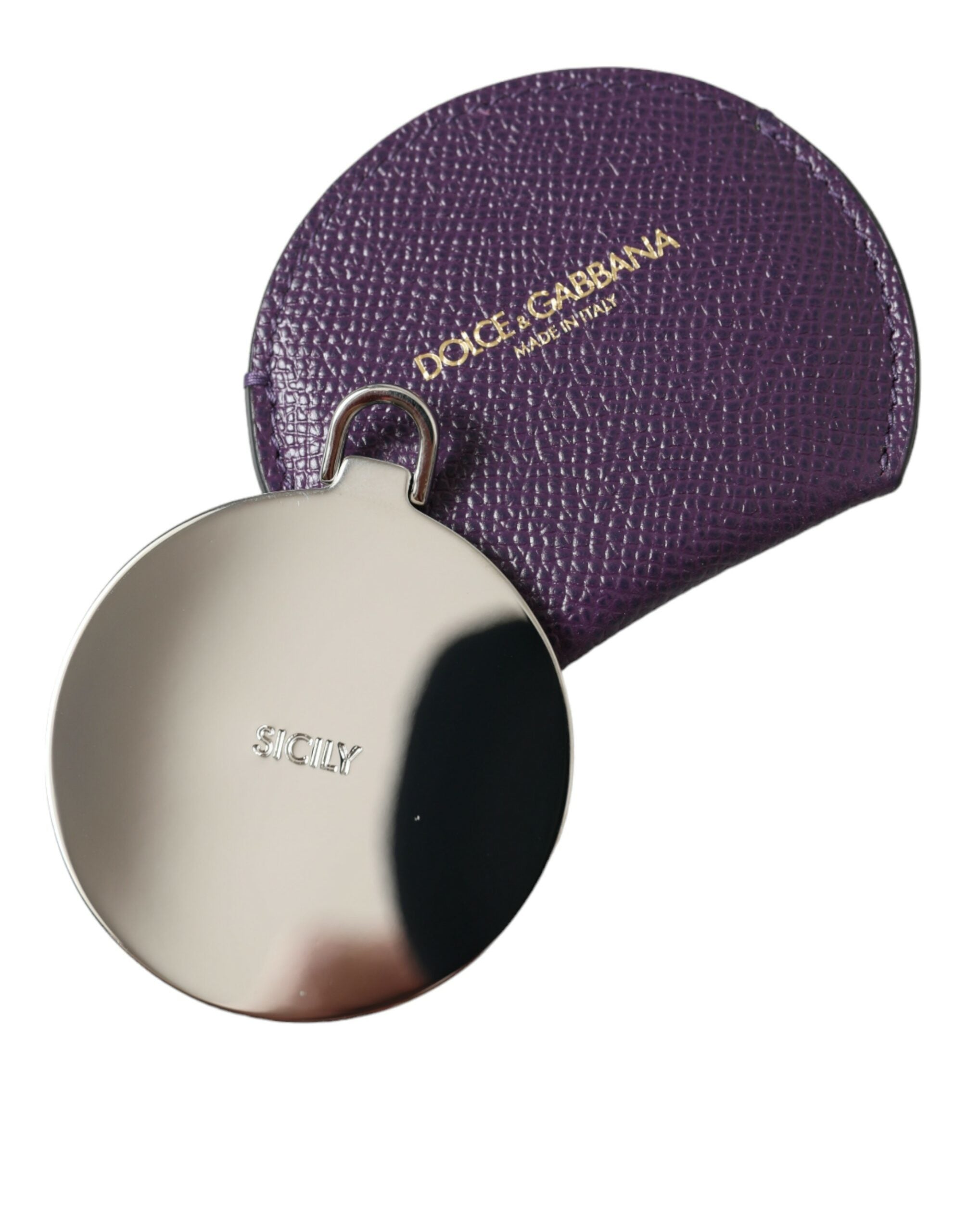 Purple Calfskin Leather Round Logo Hand Mirror Holder - ventzia