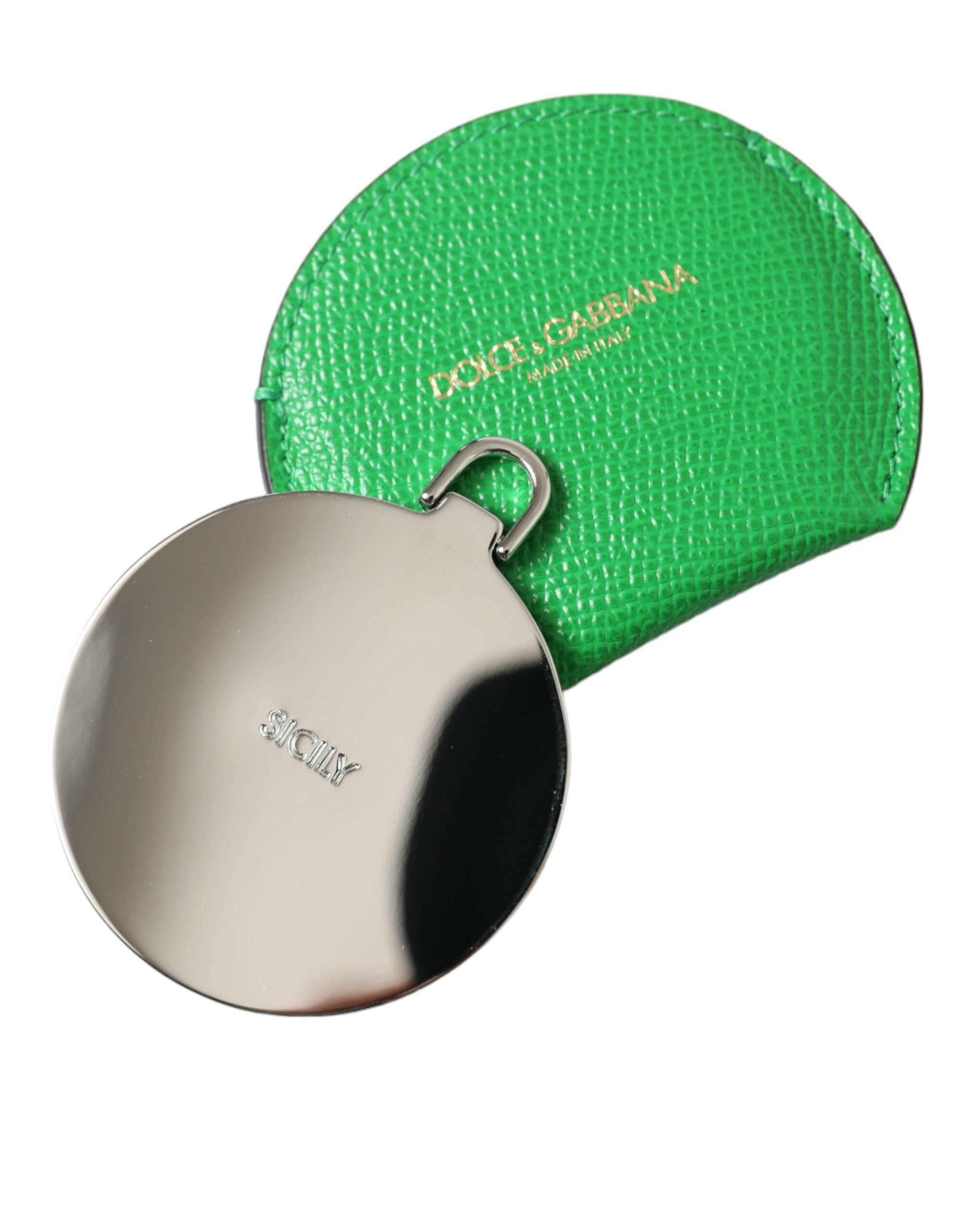 Green Calfskin Leather Round Logo Hand Mirror Holder - ventzia