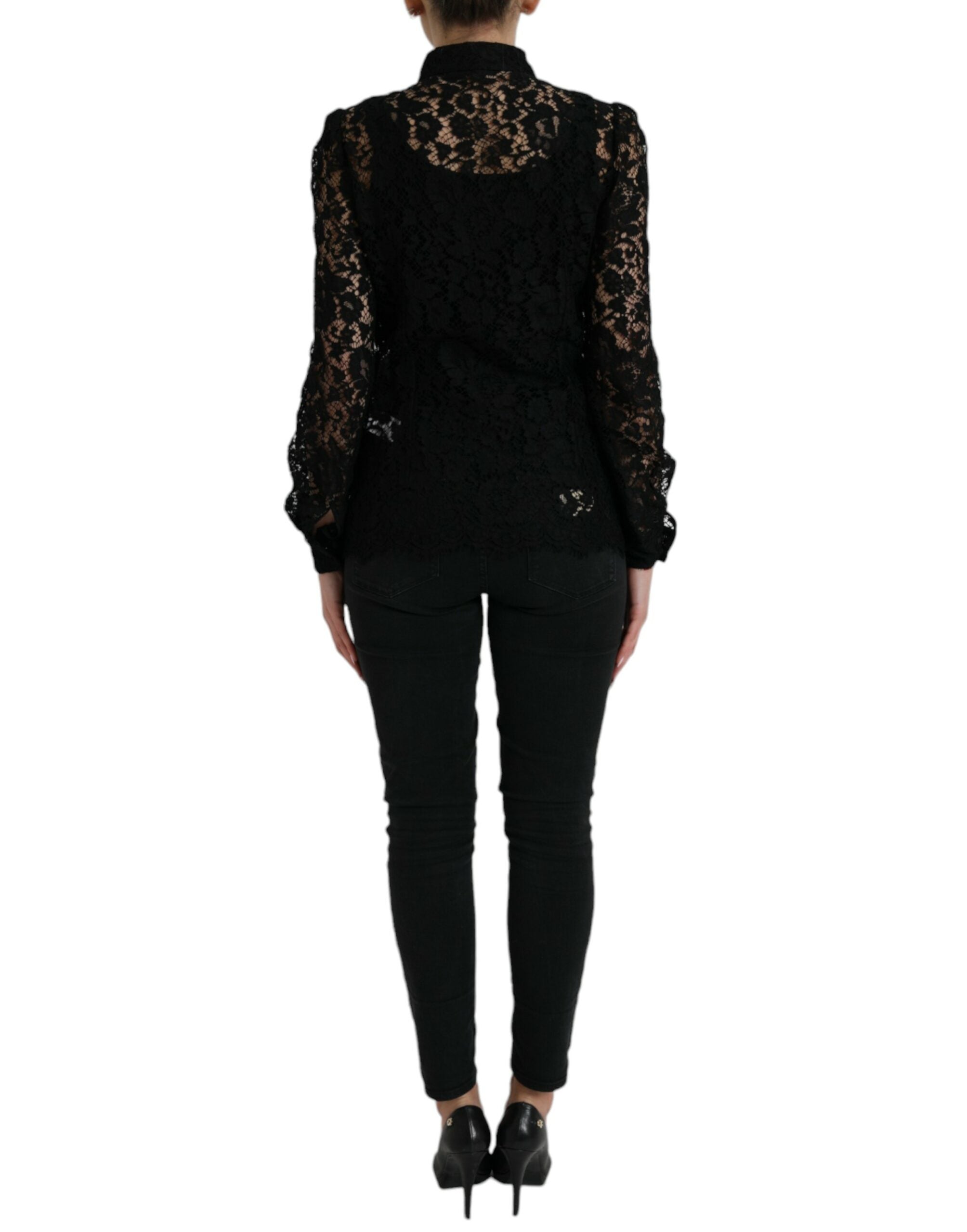 Black Floral Lace Long Sleeves Blouse Top - ventzia