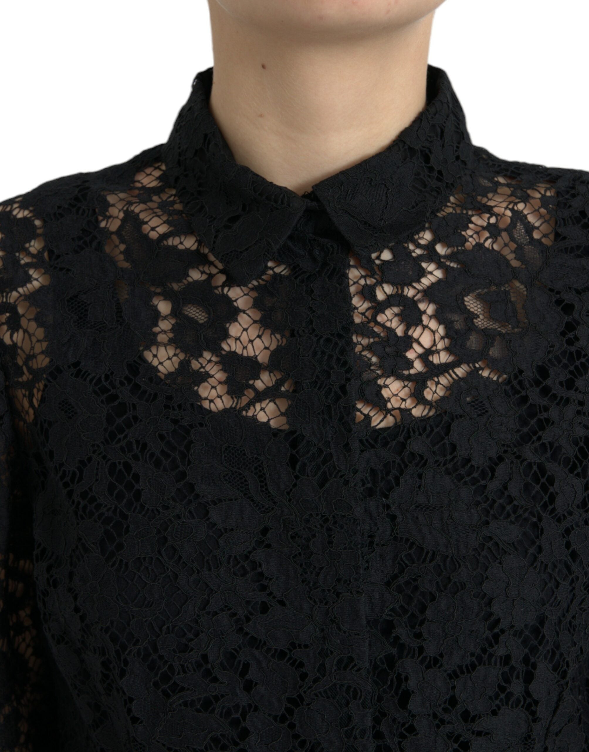 Black Floral Lace Long Sleeves Blouse Top - ventzia