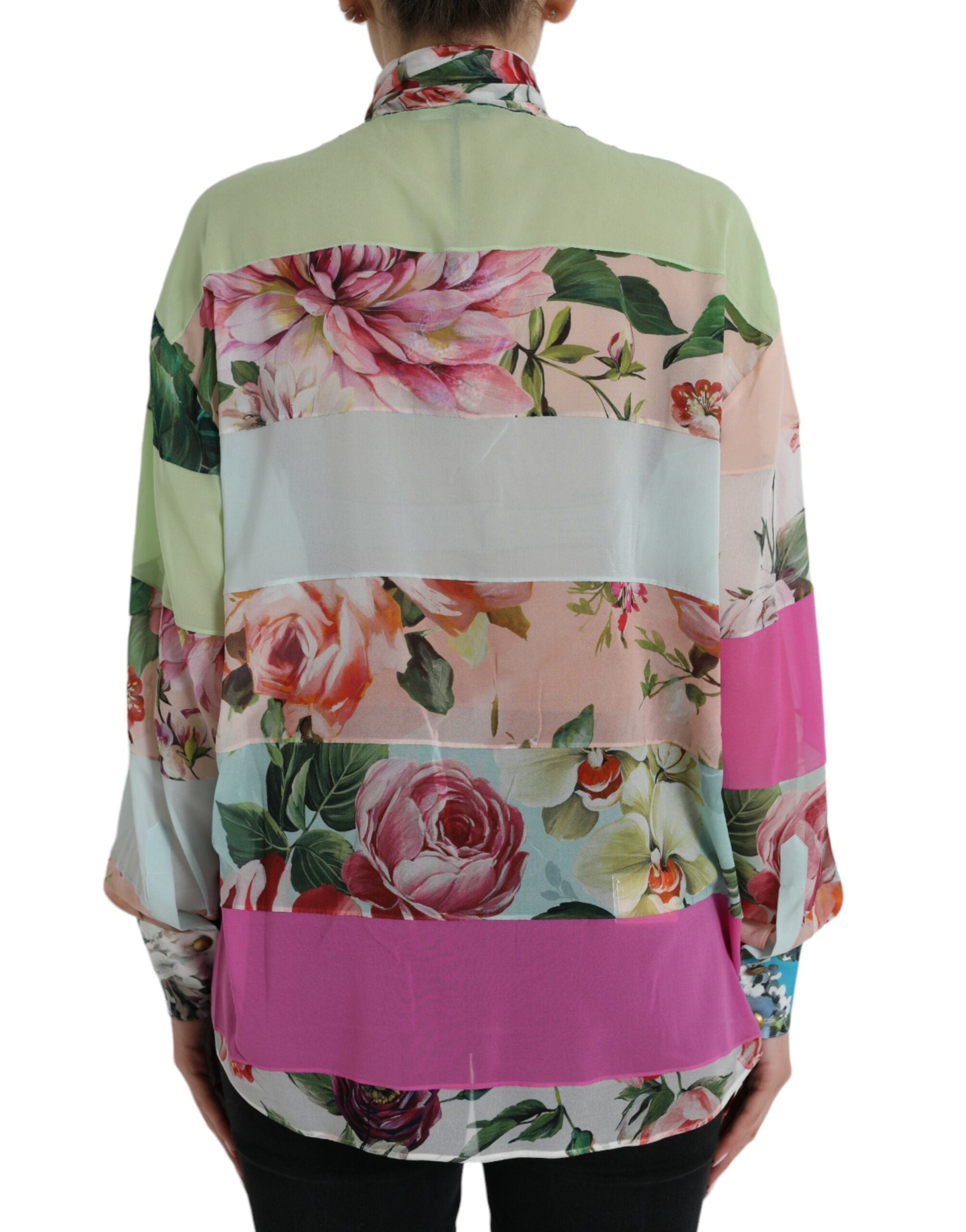 Multicolor Floral Patchwork Ascot Collar Top - ventzia
