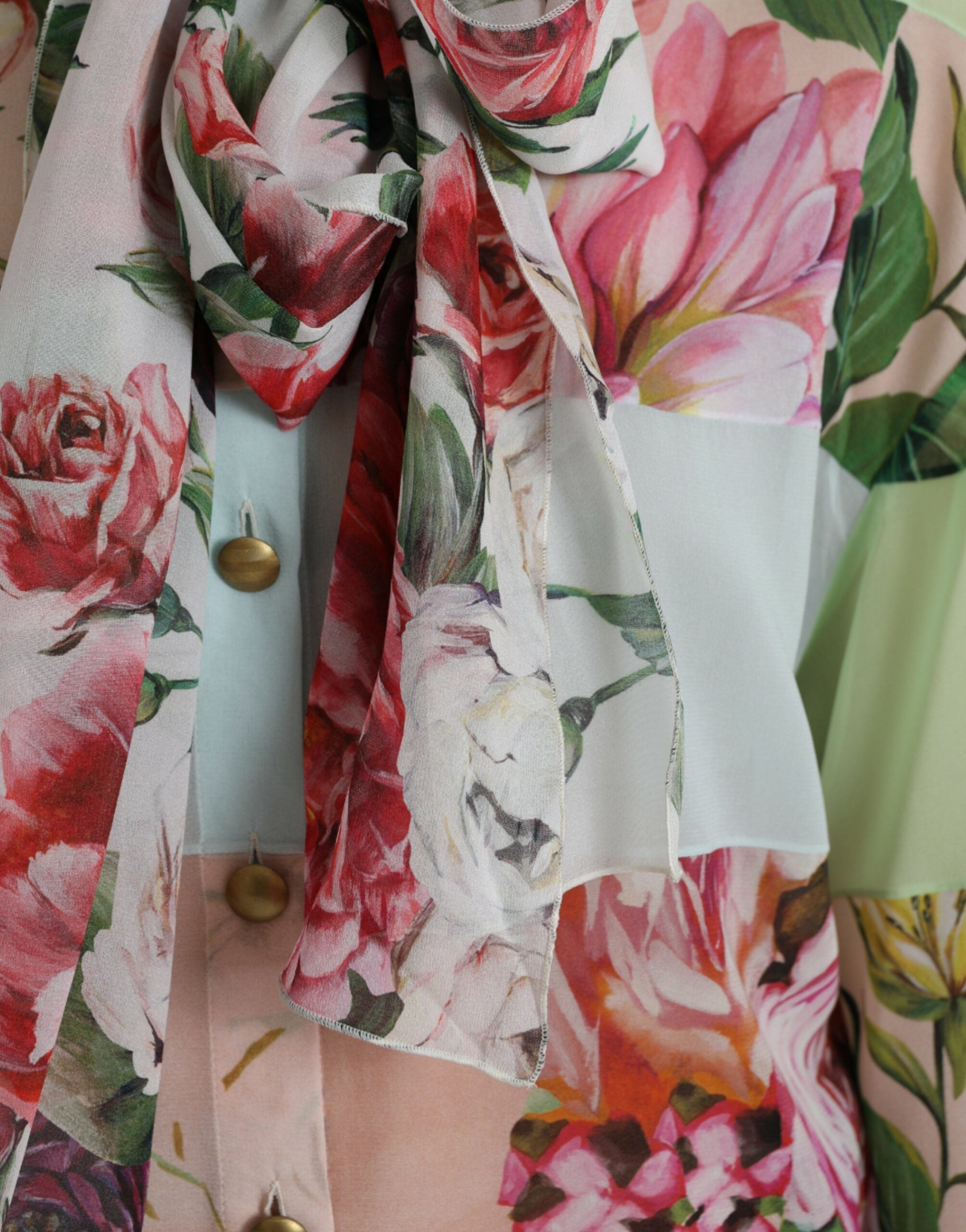 Multicolor Floral Patchwork Ascot Collar Top - ventzia